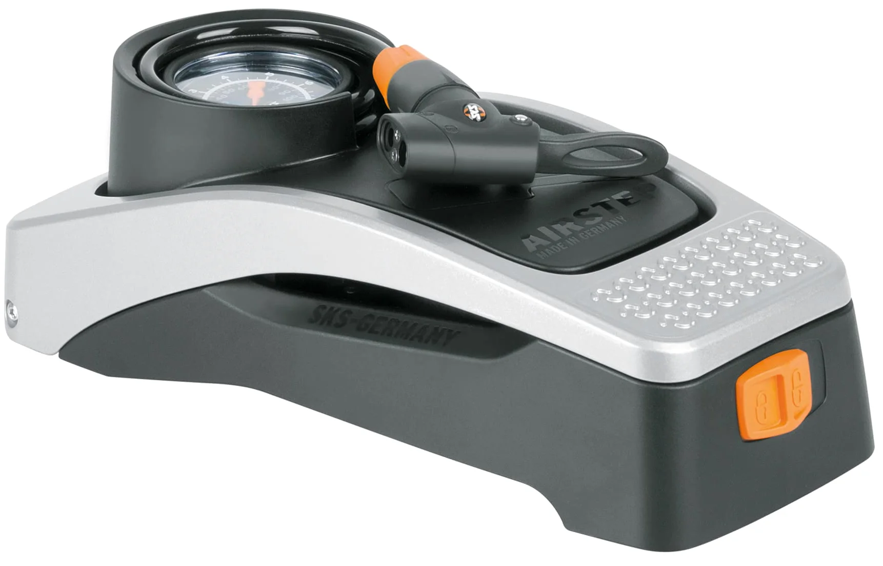 SKS Germany Airstep/Airstep Digi Fußpumpe mit integriertem Spiralschlauch (Luftpumpe für Alle Ventilarten, rückenschonendes Pumpen, MAX. Druck: 7 Bar / 102 PSI)