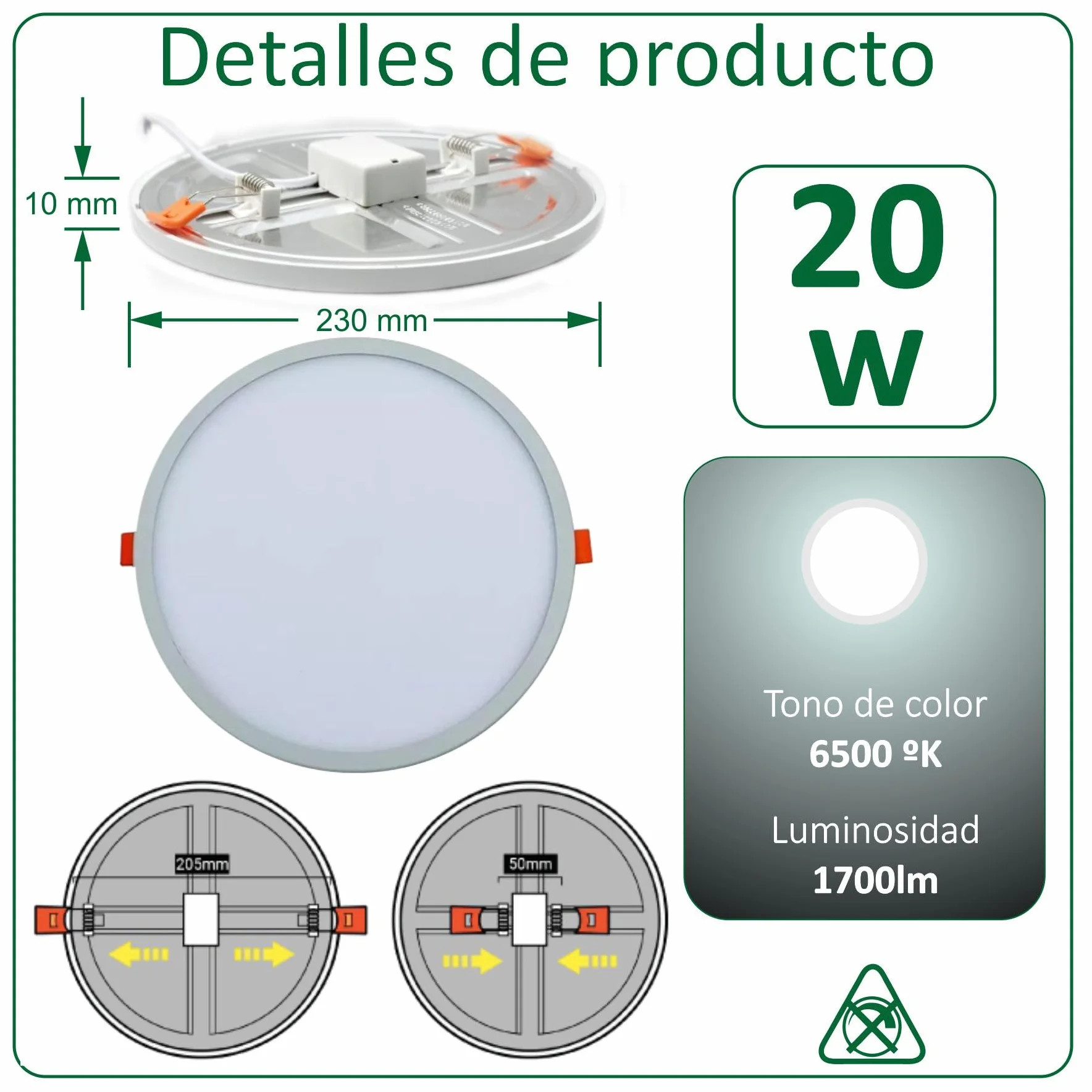 VZLED Downlight LED Ajustable 6500K Plafón Cocina Luz Blanca Fría Pack 1