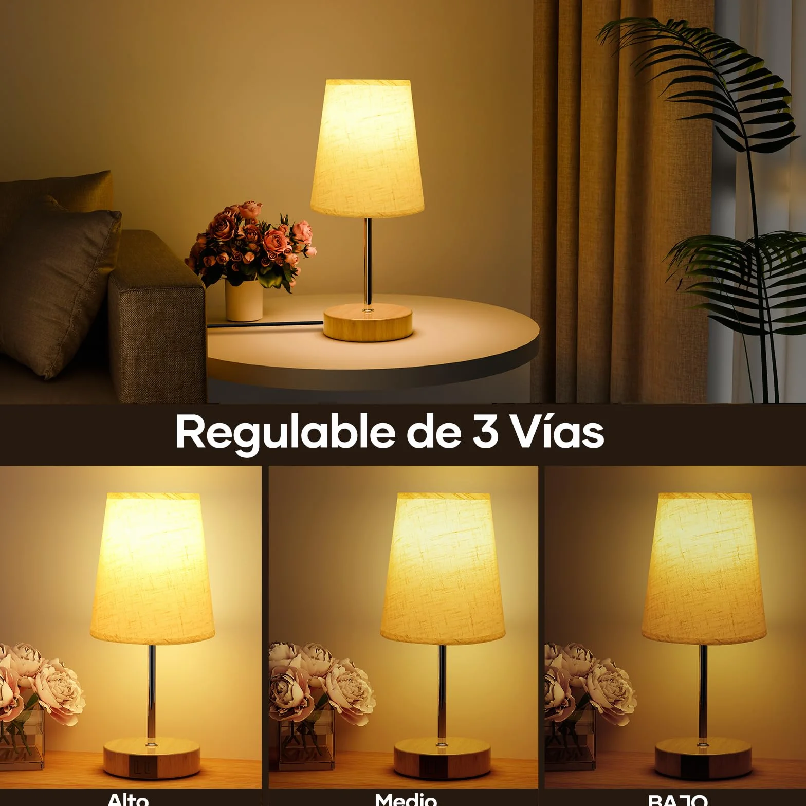 Suright Lámpara de Mesita de Noche Táctil con USB A+C, Regulable 3 Niveles Brillo, Pequeña para Dormitorio
