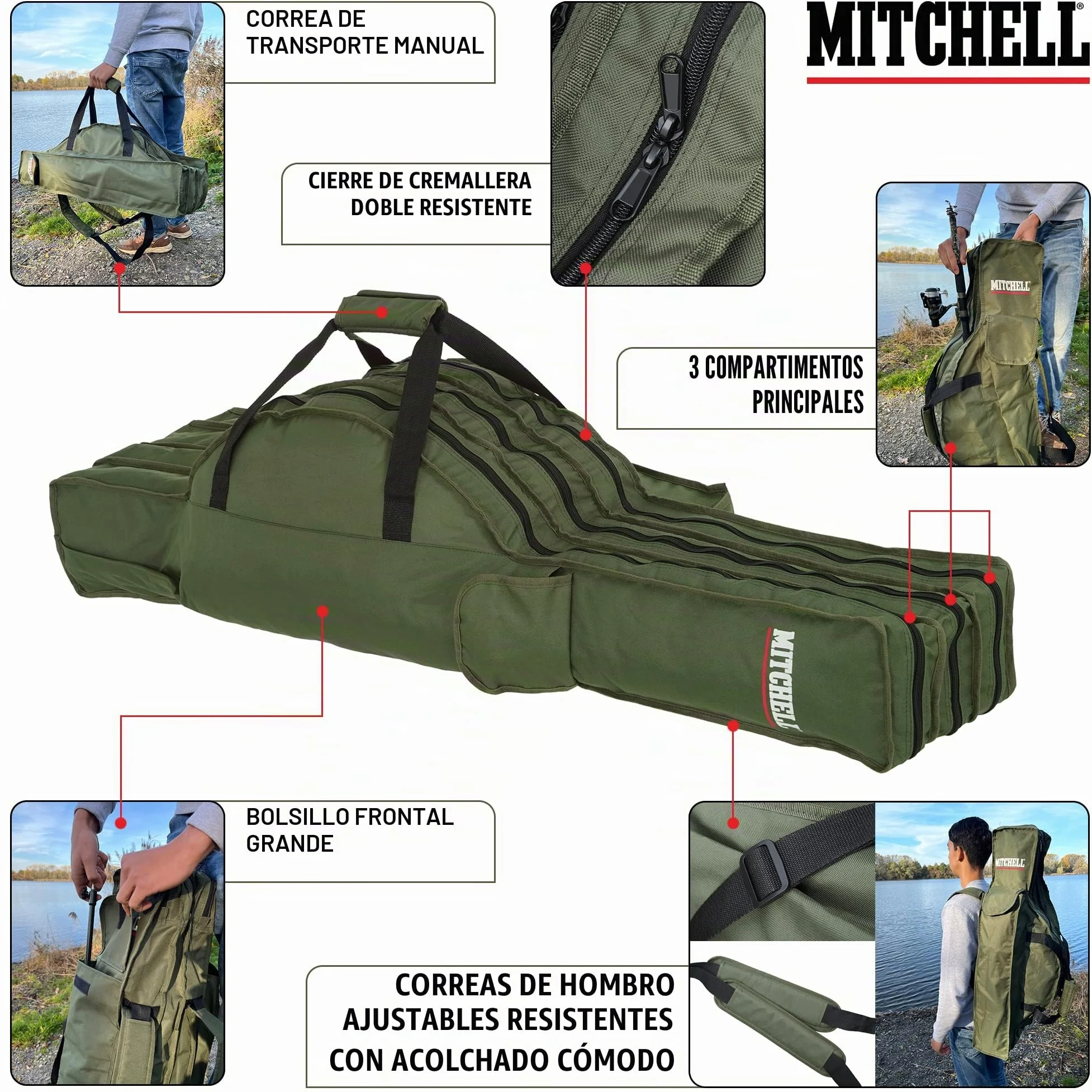 Mitchell GT Pro Bolsa para Cañas de Pescar y Accesorios | Bolsa de Pescador Resistente para Cañas, Carretes, Señuelos y Caja de Aparejos | Bolsillos Organizadores | Impermeable | Varios Tamaños