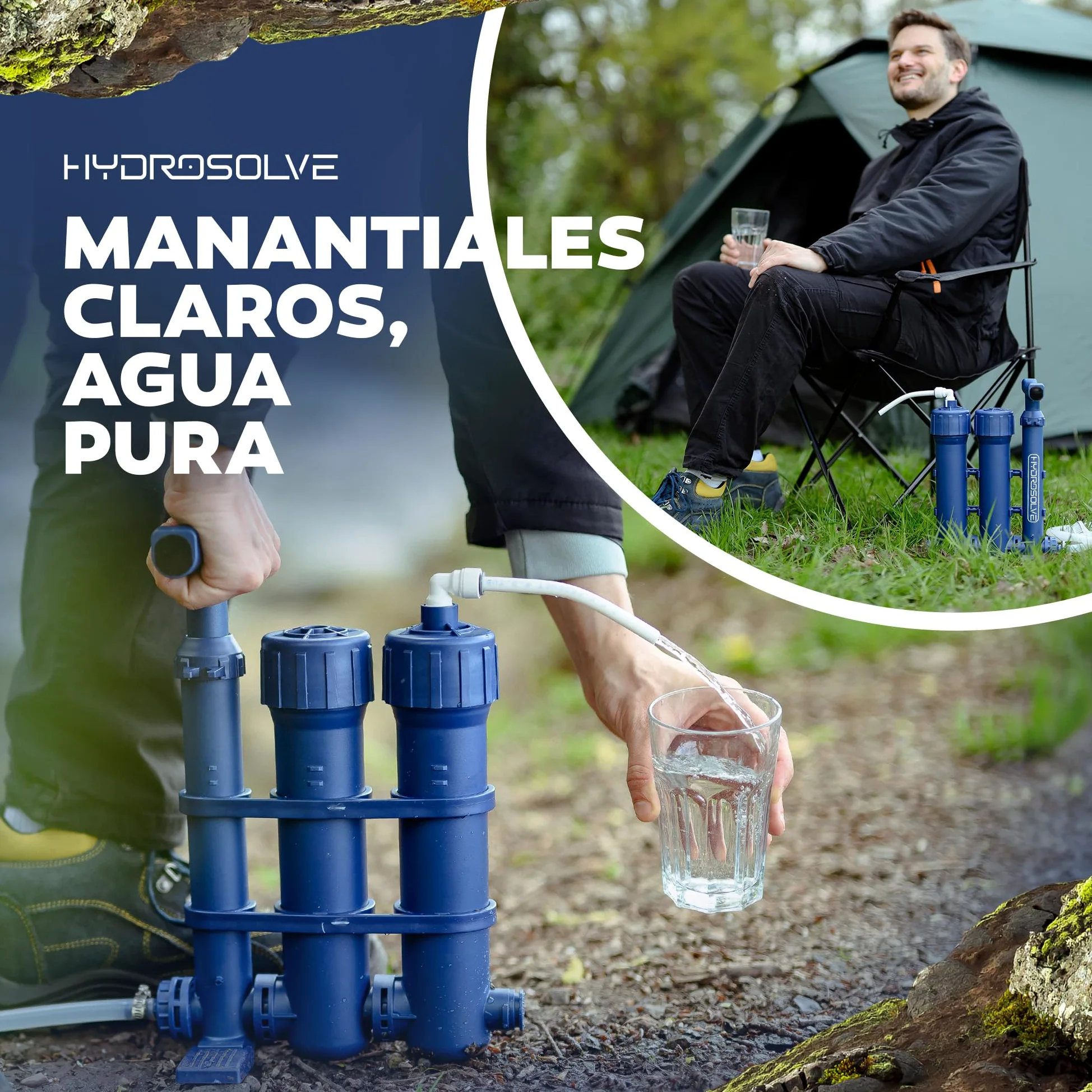 HYDROSOLVE - Filtro de agua portátil para exteriores, sistema de tratamiento de agua de emergencia con bomba de mano, filtración para senderismo y camping (filtro de agua)