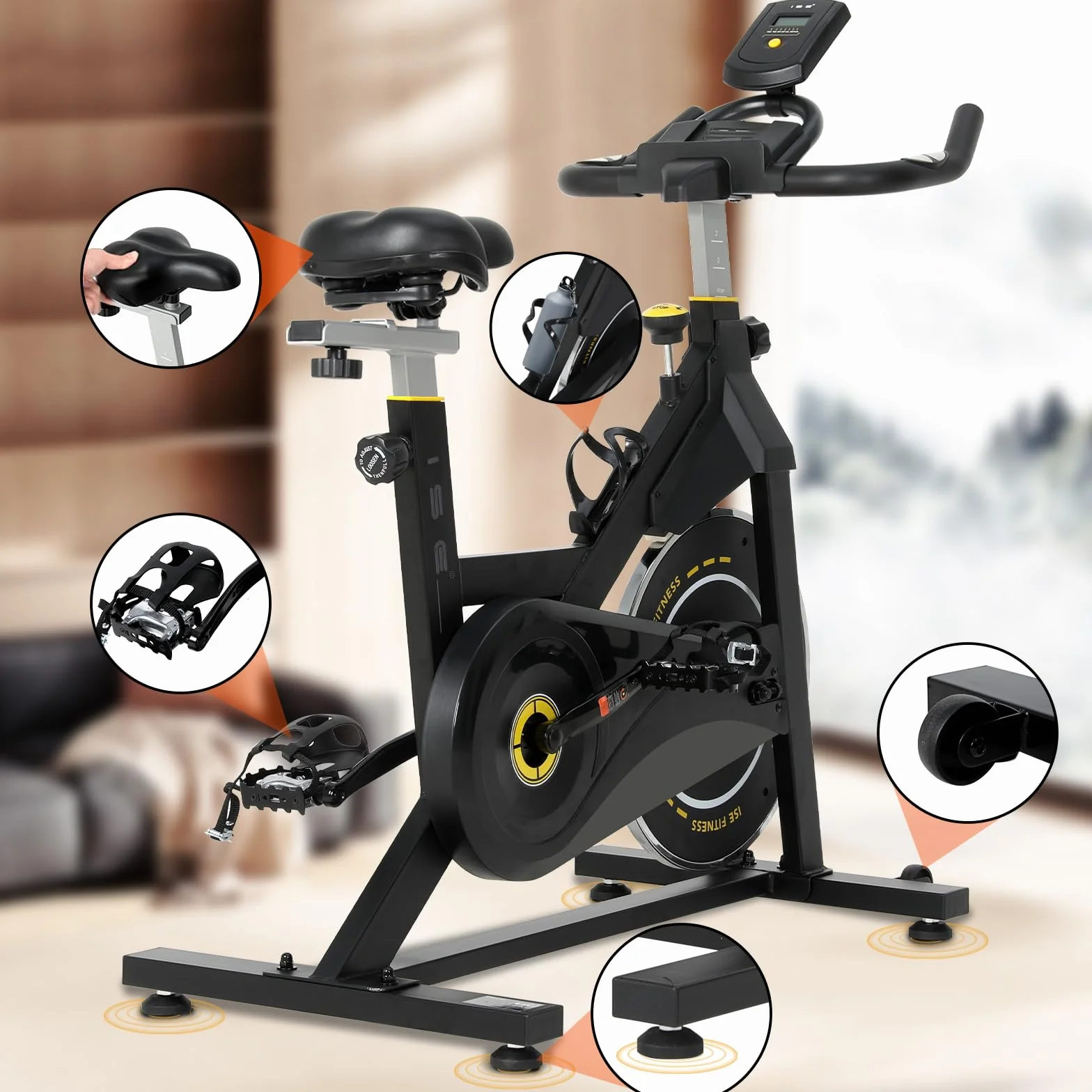 ISE Bicicleta Estática Ajustable Resistencia, Bici Estatica con LCD Pantalla, Soporte para teléfono móvil, Ipad y botella, Bicicleta Profesional, Sillín y Asa Ajustable, Max.120KG