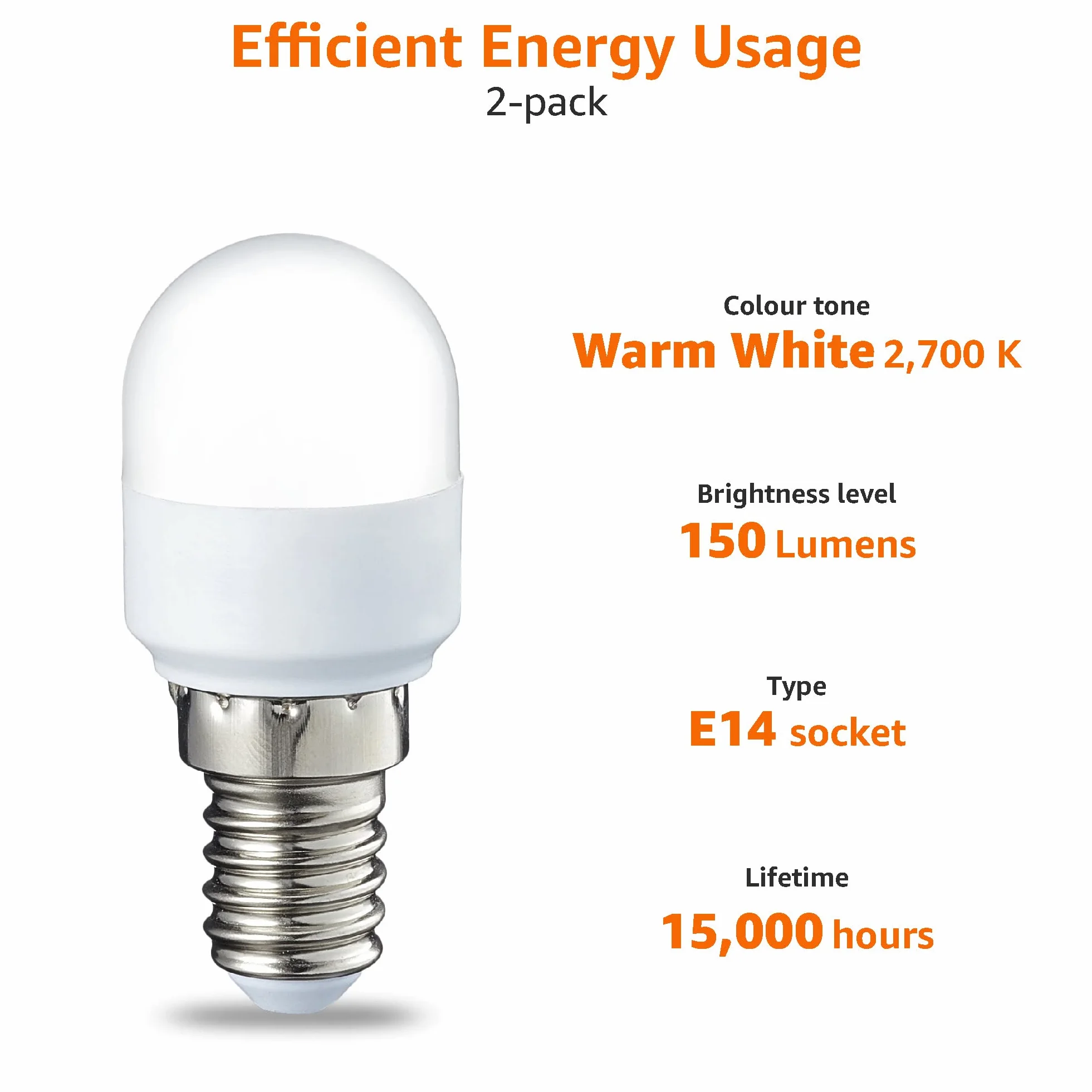 Amazon Basics Bombilla LED E14 T25 Nevera, 1.7W Equivalente 15W, Blanco Cálido, Paquete 2