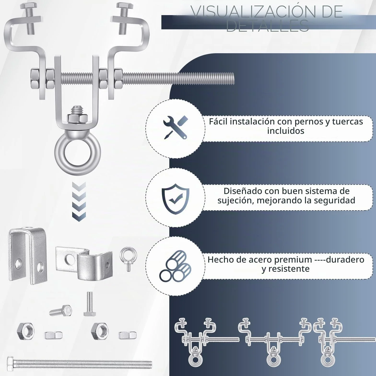 2 piezas Abrazadera Ajustable de Acero – Soporte para Saco de Boxeo, para Cargas Pesadas de Hasta 204 kg, Soporte Saco Boxeo Suelo Techo, Ajustable para Viga de 65 mm a 225 mm
