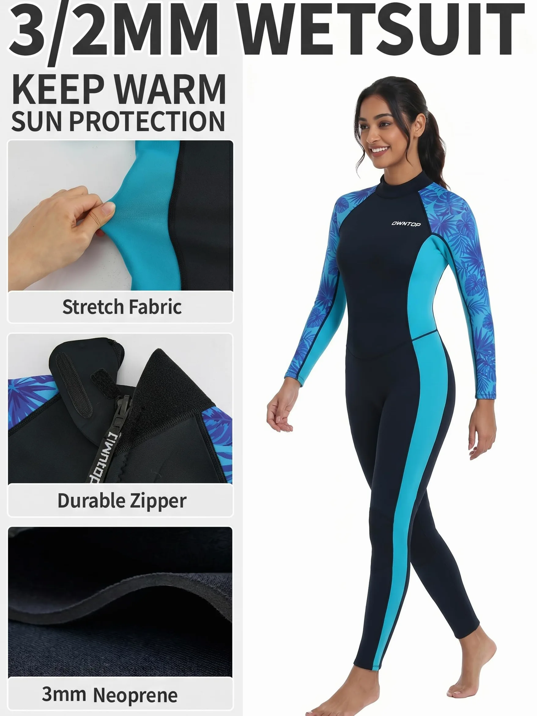 Owntop Traje de neopreno de 3/2 mm para mujer, traje de buceo de cuerpo completo, cremallera trasera, manga larga, trajes húmedos para buceo, surf, esnórquel, térmico para agua fría con protección UV