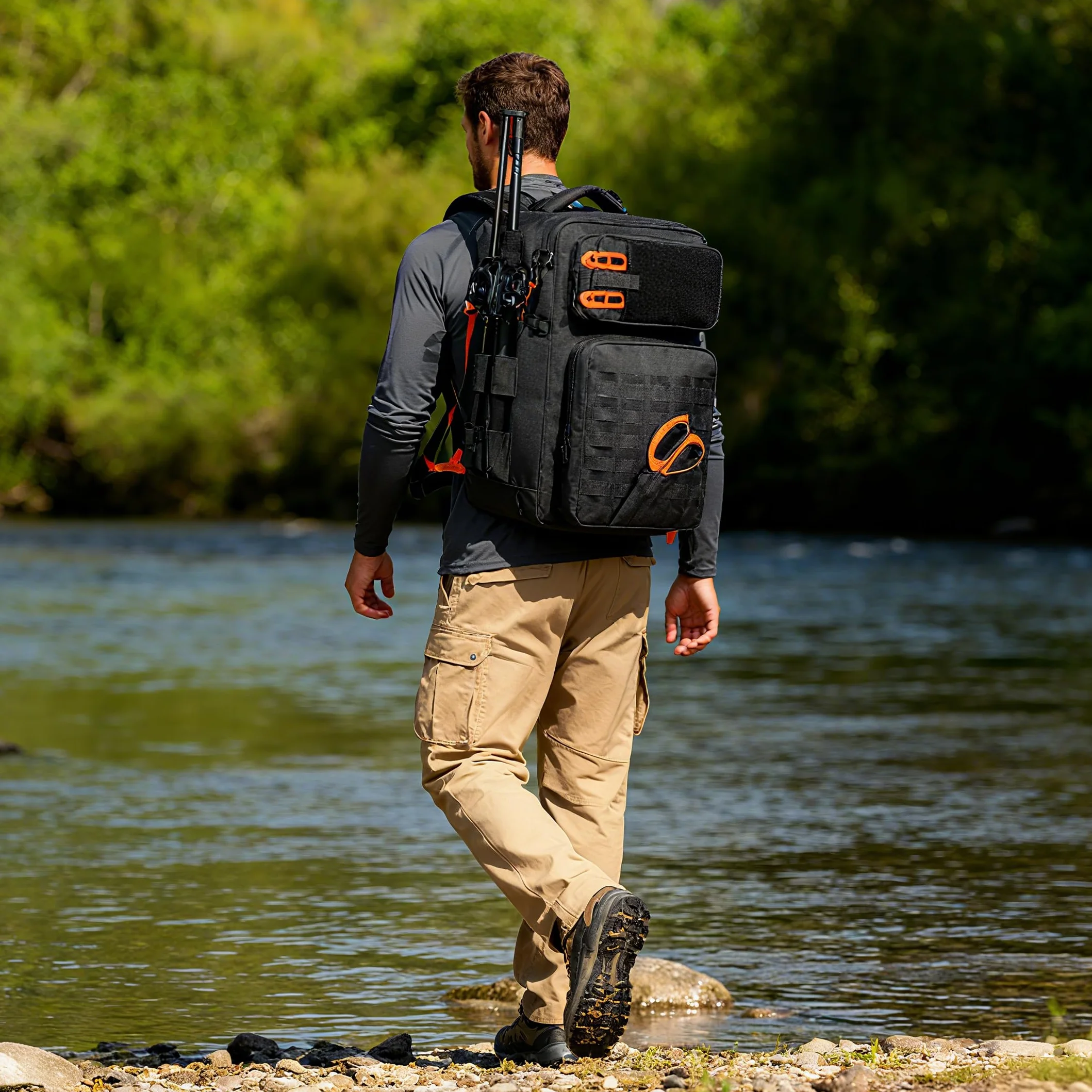 WEFLIER Mochilas de Pesca, Bolsos de Equipos de Con Accesorios de Pesca Con Palos de, Bolsos de Viaje Con Bolsas de Almacenamiento 48l, Caza de Campamento, Camping, Trekking, Negro