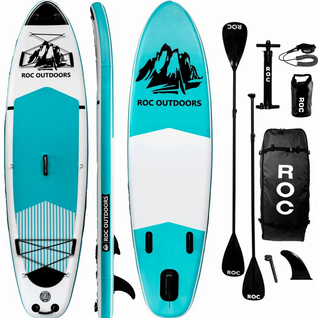 Roc - Tablas de surf de remo inflables, con accesorios, amplias y estables, superficie antideslizante y cómoda, infantiles y para personas adultas (verde azulado)