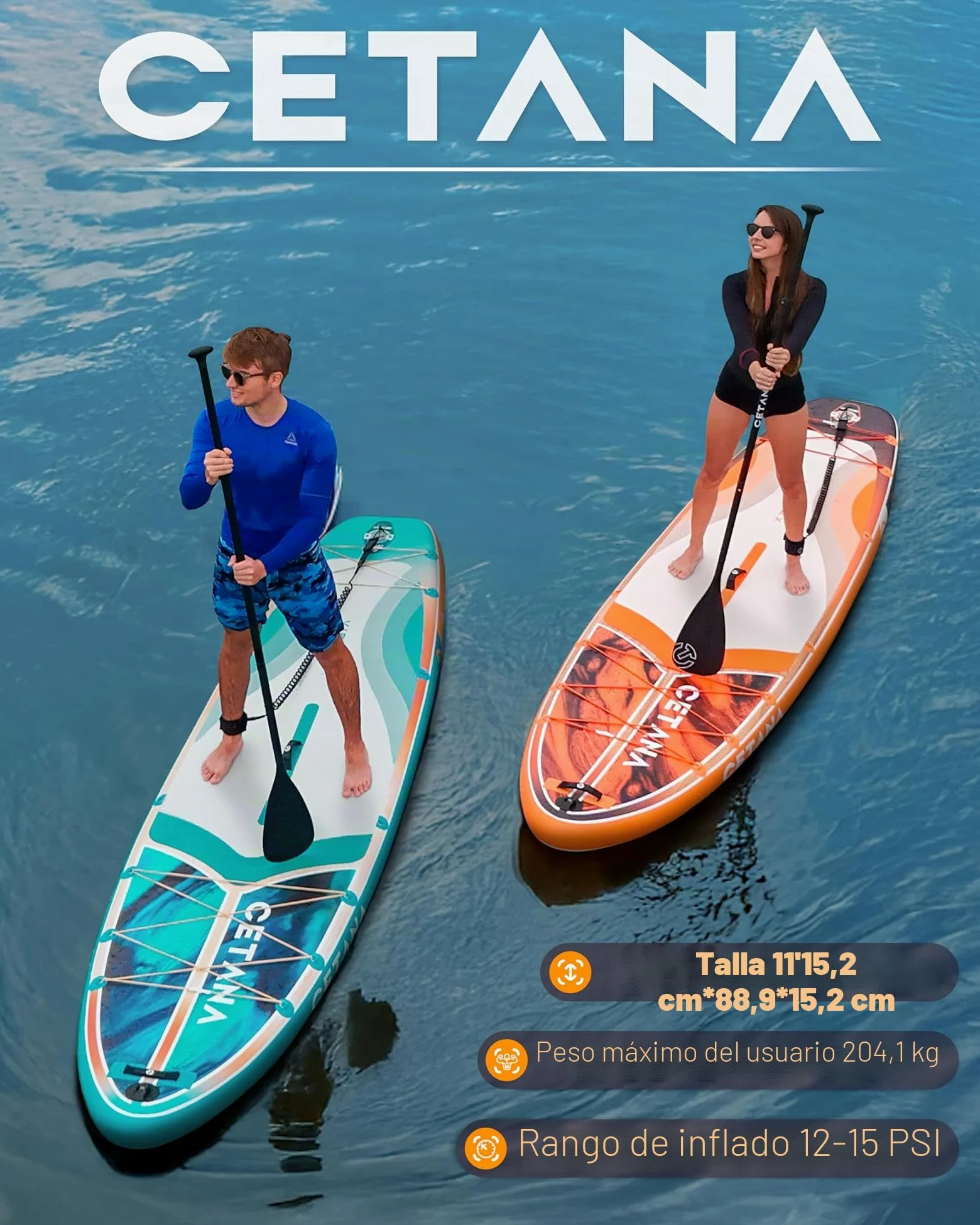 CETANA Tabla de Paddle Surf Hinchable 351cm con Accesorios Incluidos de Primera Calidad, Remo Ajustable, Bomba de Mano, Mochila de Transporte. 351 x 89 x 15 cm, Soporta hasta 204Kg