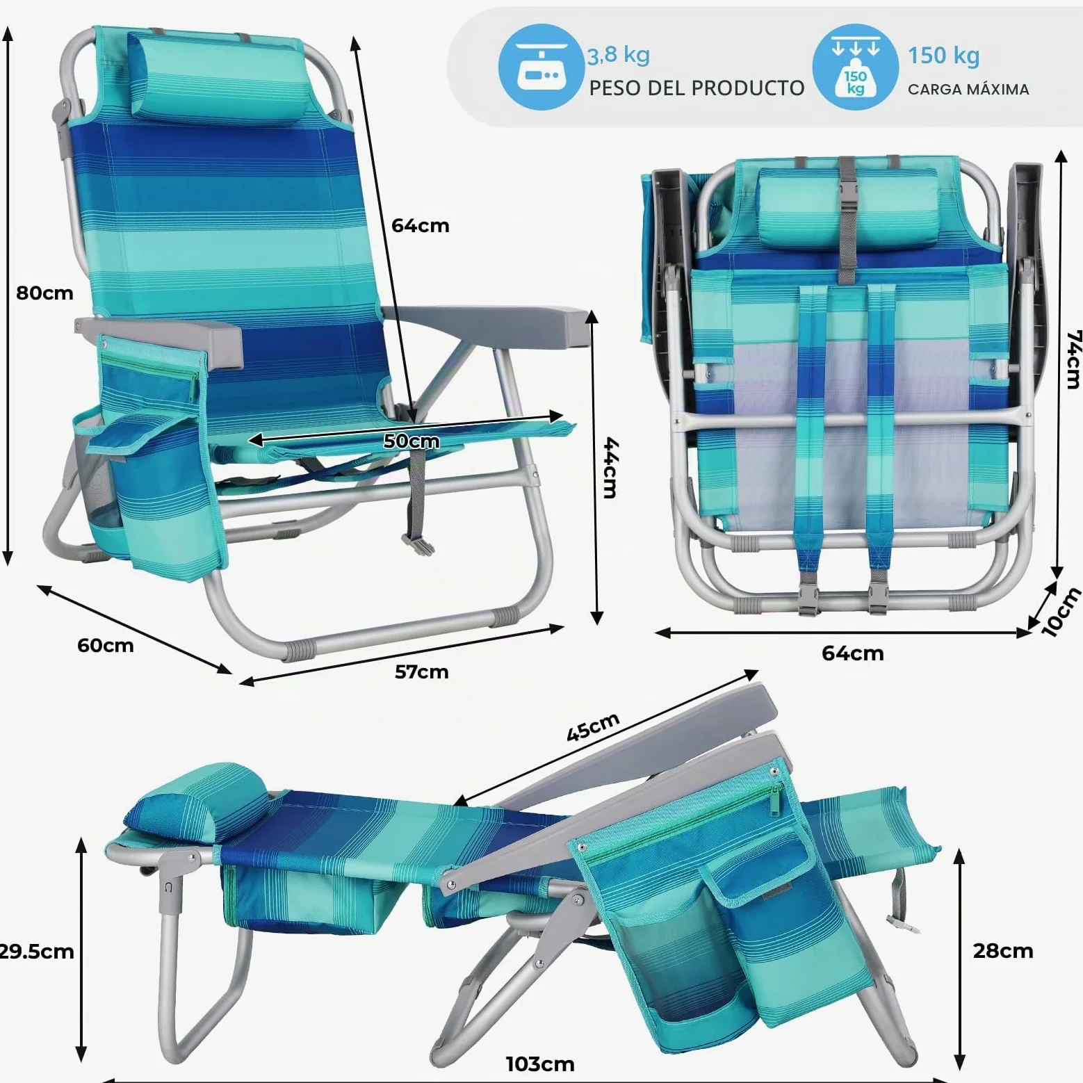 LIFERUN Silla de Playa Plegable de Aleación de Aluminio, Silla Plegable Ligera y Portátil como Mochila, Silla de Camping, Reclinable, Capacidad de Carga de hasta 150 kg, Silla Plegable de Exterior