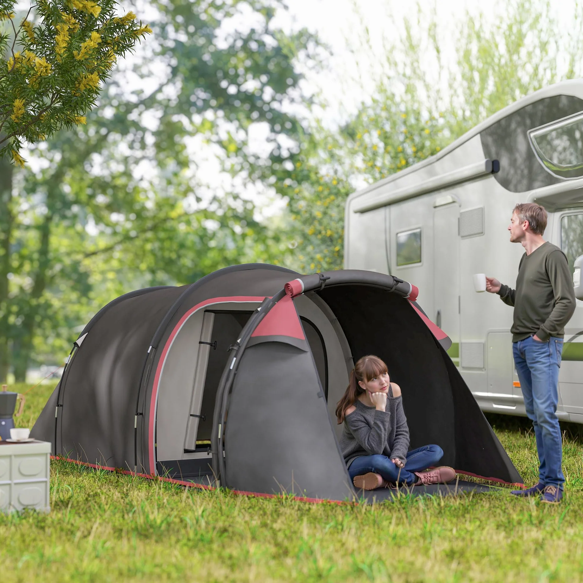 Outsunny Tienda de Campaña Familiar Tipo Túnel 2-3 Personas Plegable Impermeable 2000+ mm a Prueba de UV 20+ Ligero con Vestíbulo y 4 Estaciones para Camping Senderismo 426x206x154 cm