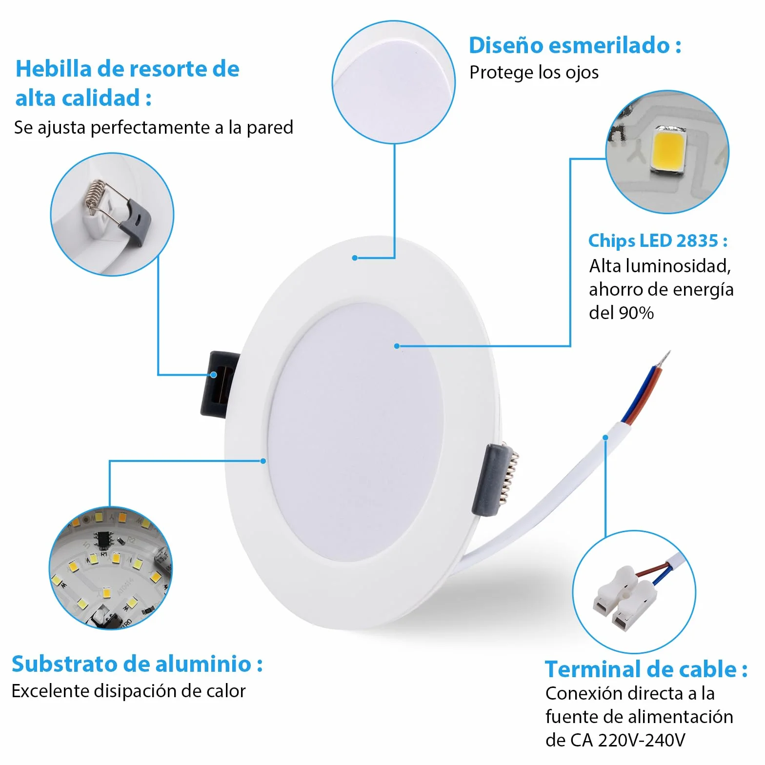 LED Techo Empotrable 220V 5W Ojos de Buey 450LM Blanco Cálido 3000K Downlight ø75-90mm