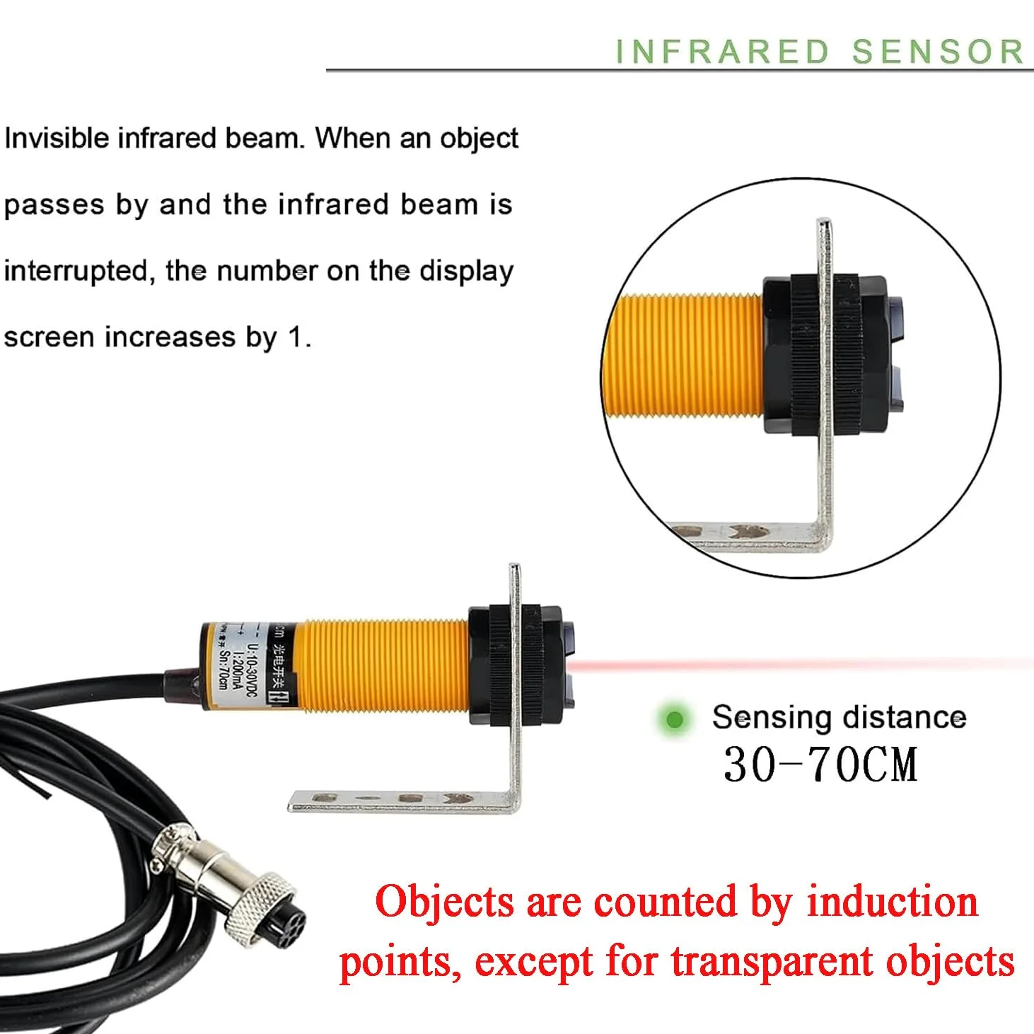 Contador digital LED, pantalla de 6 dígitos, sensor infrarrojo, cuenta hasta 999999, distancia de inducción ajustable de 30 a 70 cm, perfecto para cinta transportadora y conteo de visitantes