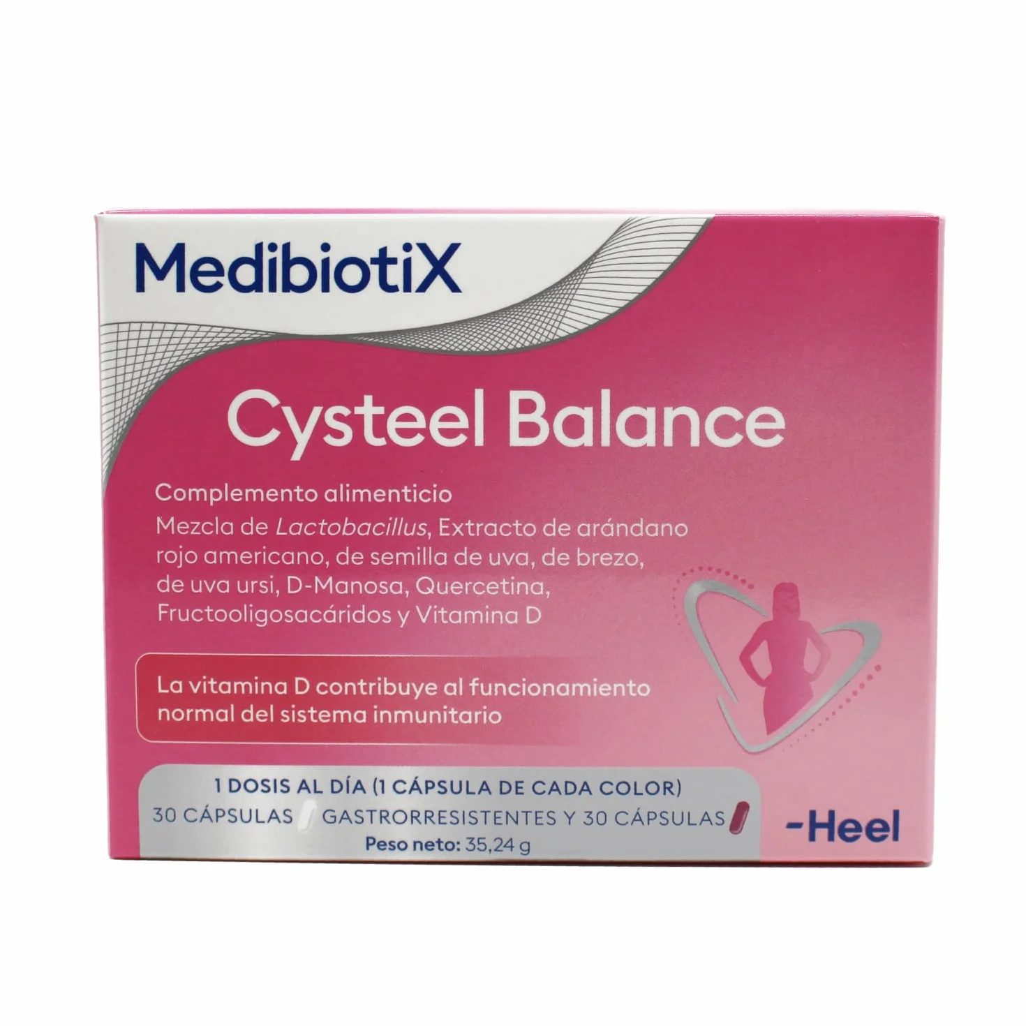 Cysteel Balance Heel Probióticos y Prebióticos D-Manosa y Arándano Rojo Bienestar Urinario Salud Íntima Femenina Cápsulas Gastrorresistentes 30+30