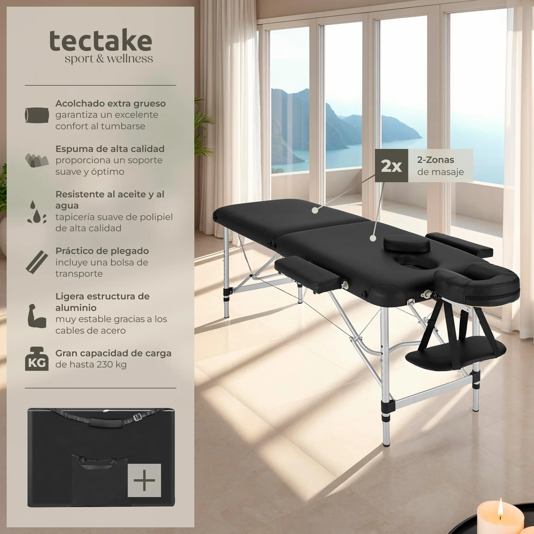 Tectake Camilla Masaje Plegable Profesional Aluminio Ajustable Altura 2 Zonas Negro