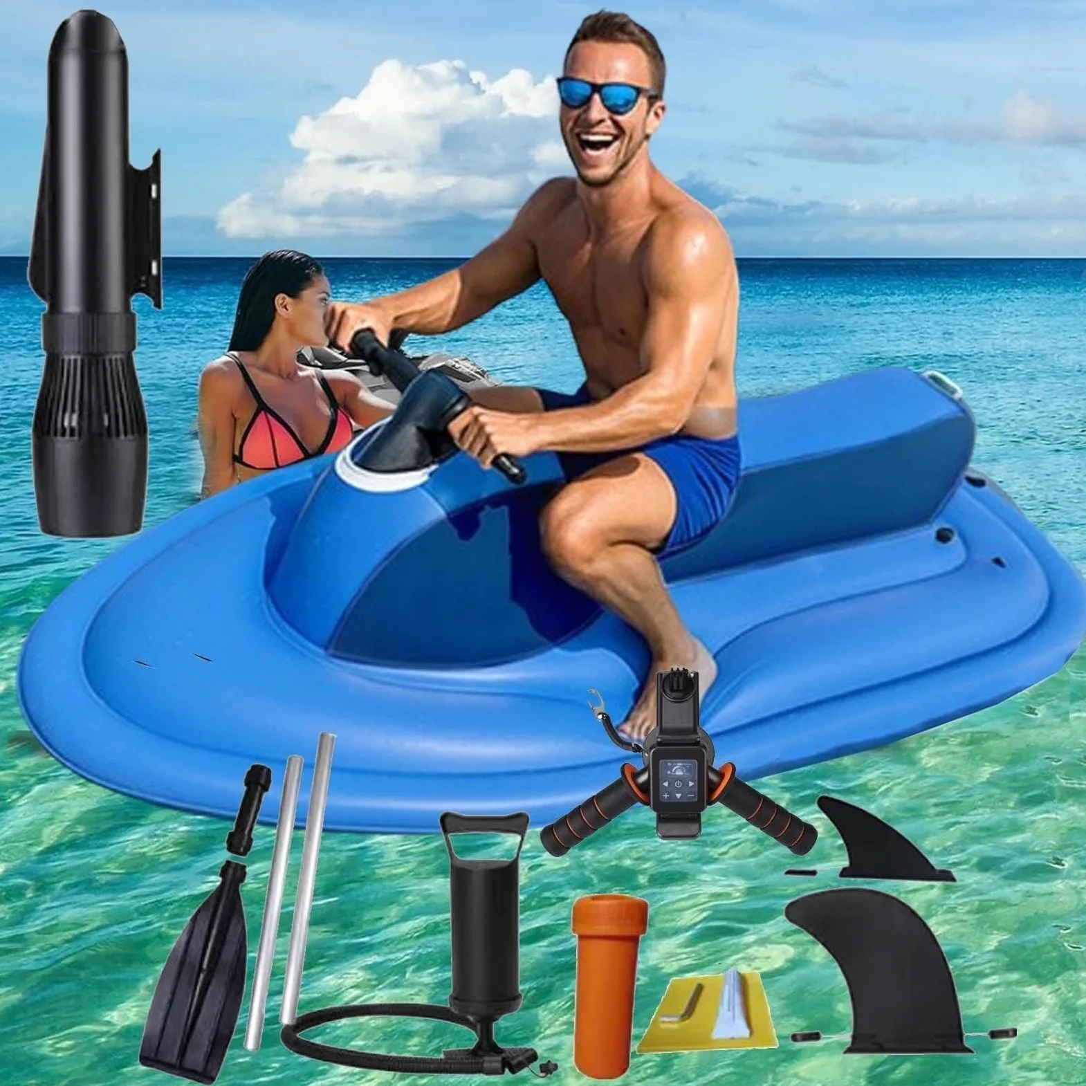 Flotador Inflable motorizado for Piscina, Moto acuática, Barco eléctrico Plegable con Scooter Submarino Desmontable de 500 W, Barco de PVC de Doble Aleta