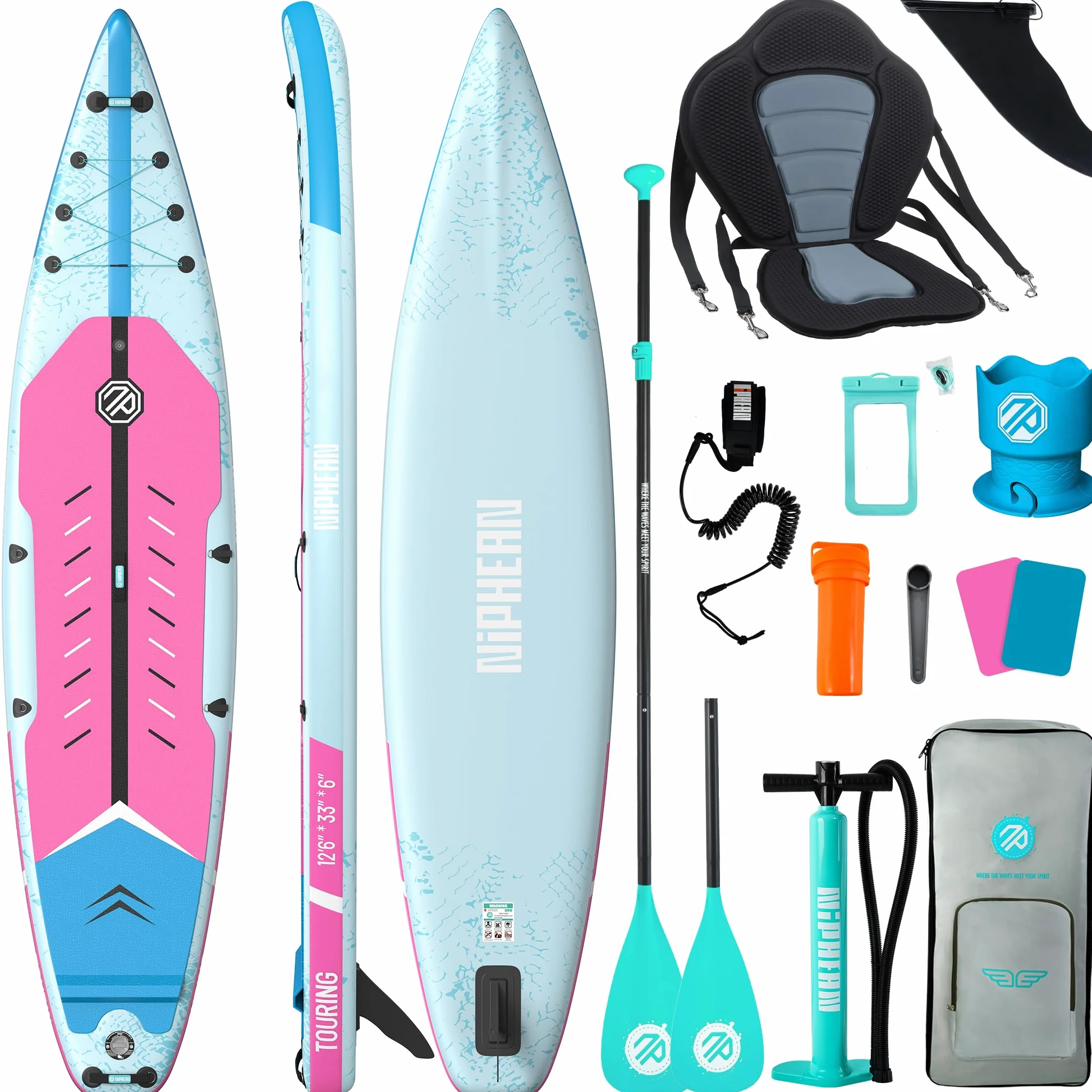 Niphean 380cm Tabla Paddle Surf Hinchable, Sup Touring con Accesorios | Tabla Padel Surf Rígida 280kg para Adultos y Principiantes, Kick Pad, Antideslizante, Kit Reparación