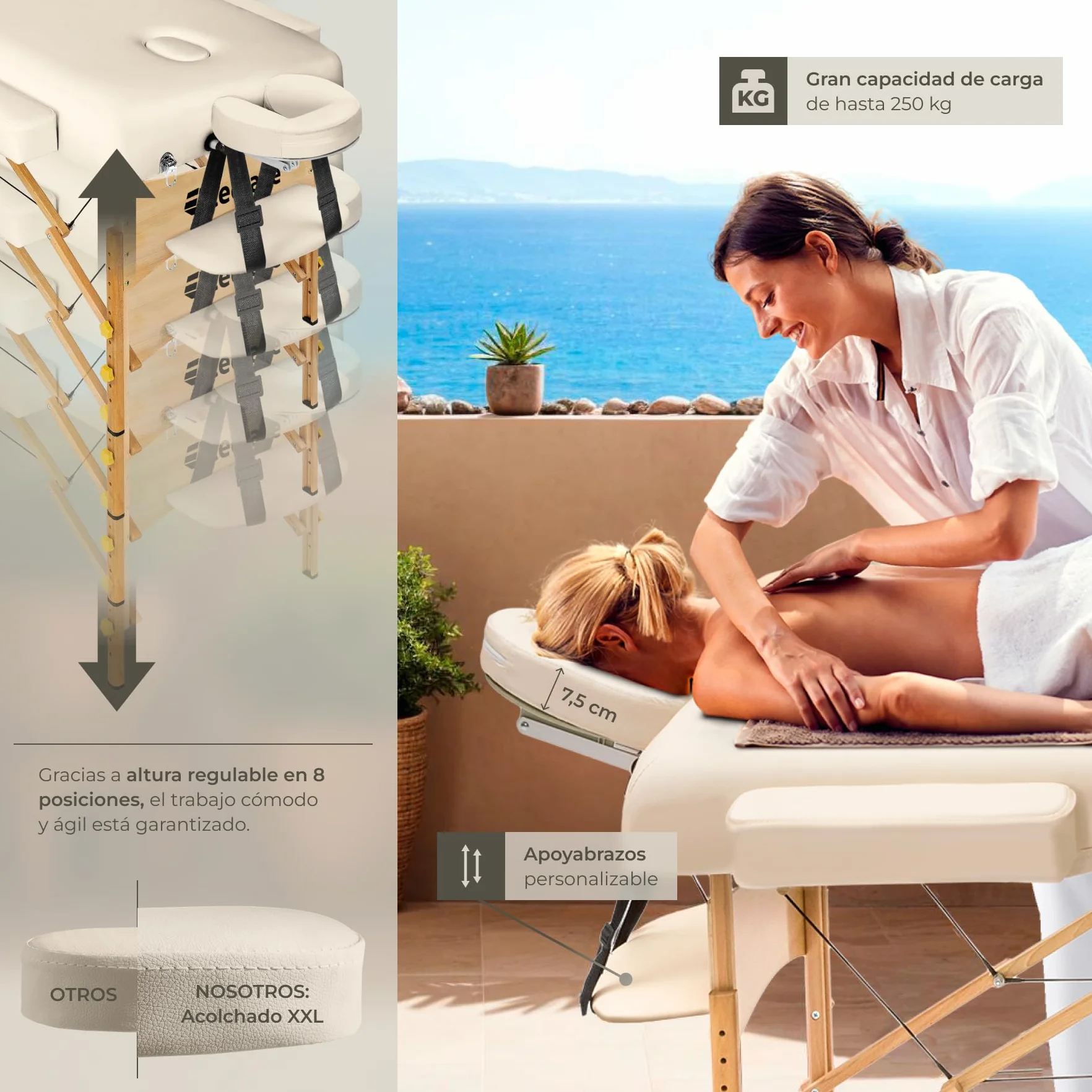 Camilla Masaje Plegable Portátil Ajustable 250kg Acolchado 7,5cm Beige