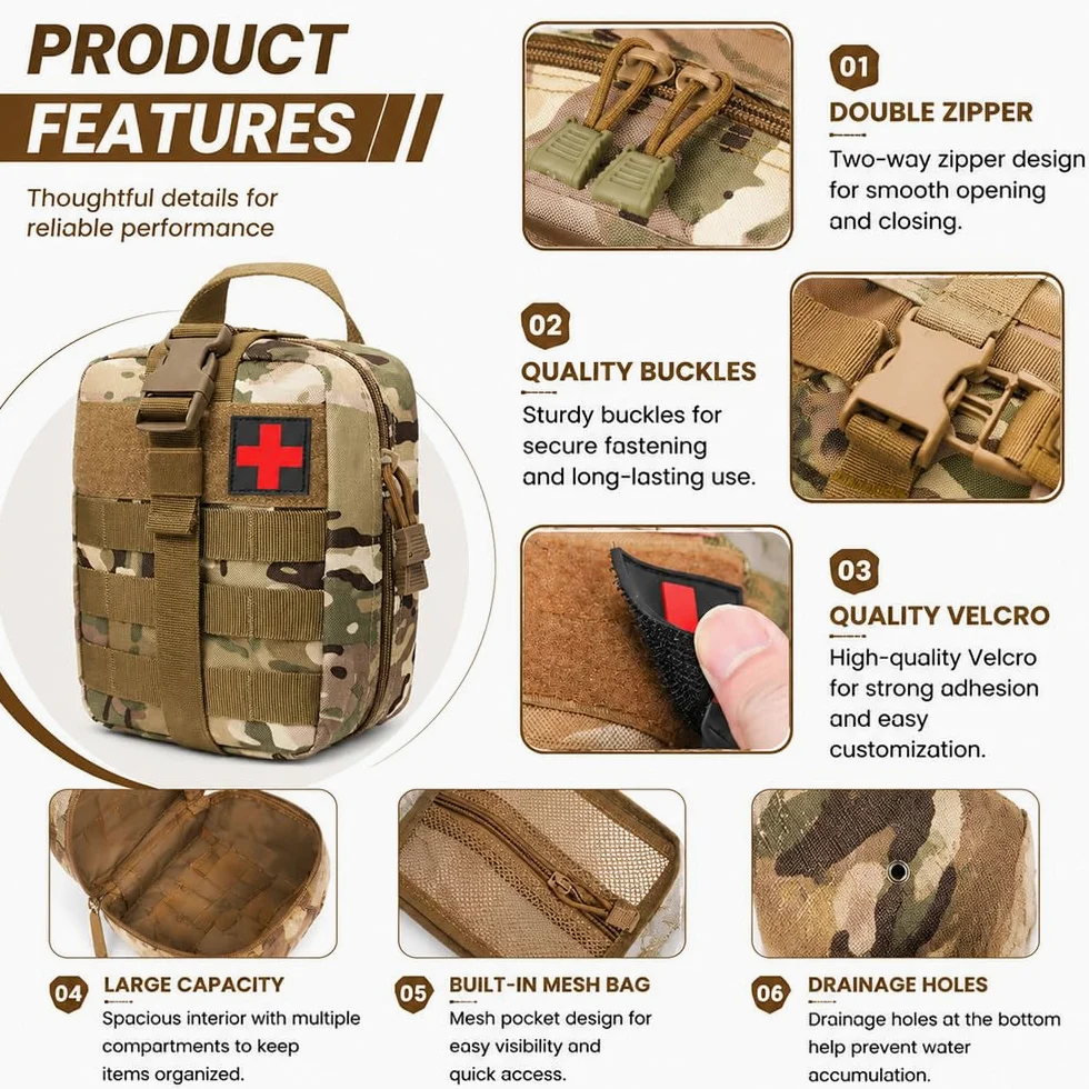 Botiquin de Primeros Auxilios Militar, 61 Piezas Kit Primeros Auxilios Militar, First Aid Kit para El Hogar, El Automóvil, La Escuela, Acampar Al Aire Libre