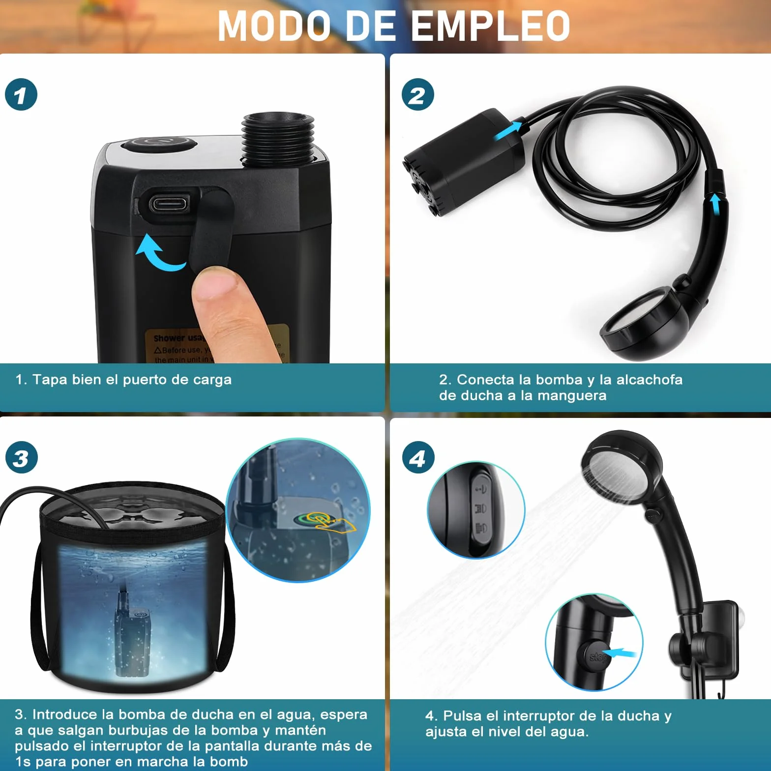 Ducha Portátil Camping 6000mAh Recargable con Cubo Plegable 20L, Eléctrica para Acampar