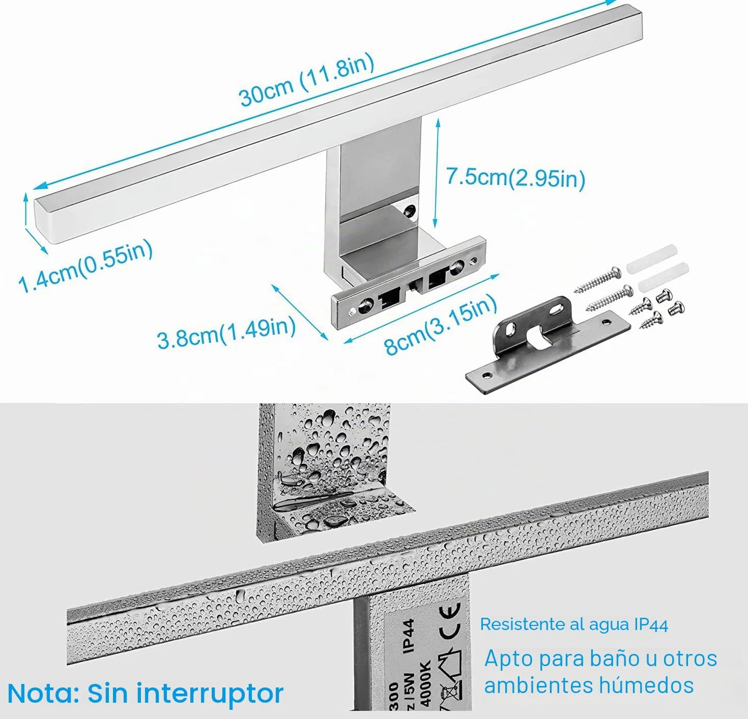 Lámpara de Espejo Baño LED 5W 30cm 400LM Blanco Neutro 4000K IP44 230V Aplique Pared