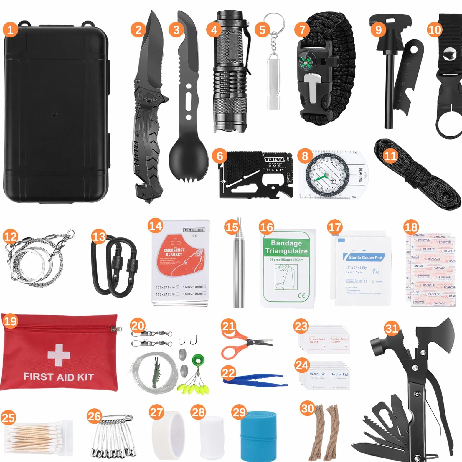 Kit de Supervivencia, 70 en 1 Kit de Supervivencia de Emergencia al Aire Libre, Multifuncional Equipo de Botiquín Primeros Auxilios, Kit de Emergencia para Viajar Caminar Acampar al Aire Montaña