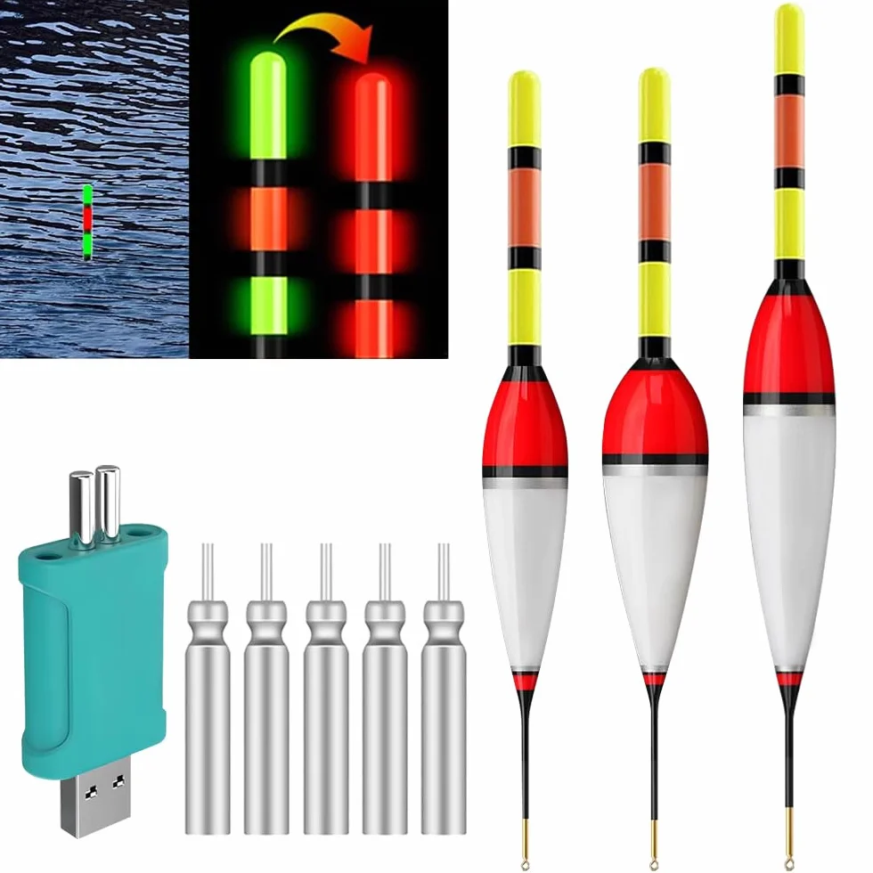 Juego de 3 poses de pesca LED, 6 g/8 g/9 g, con sensor de gravedad y base de metal
