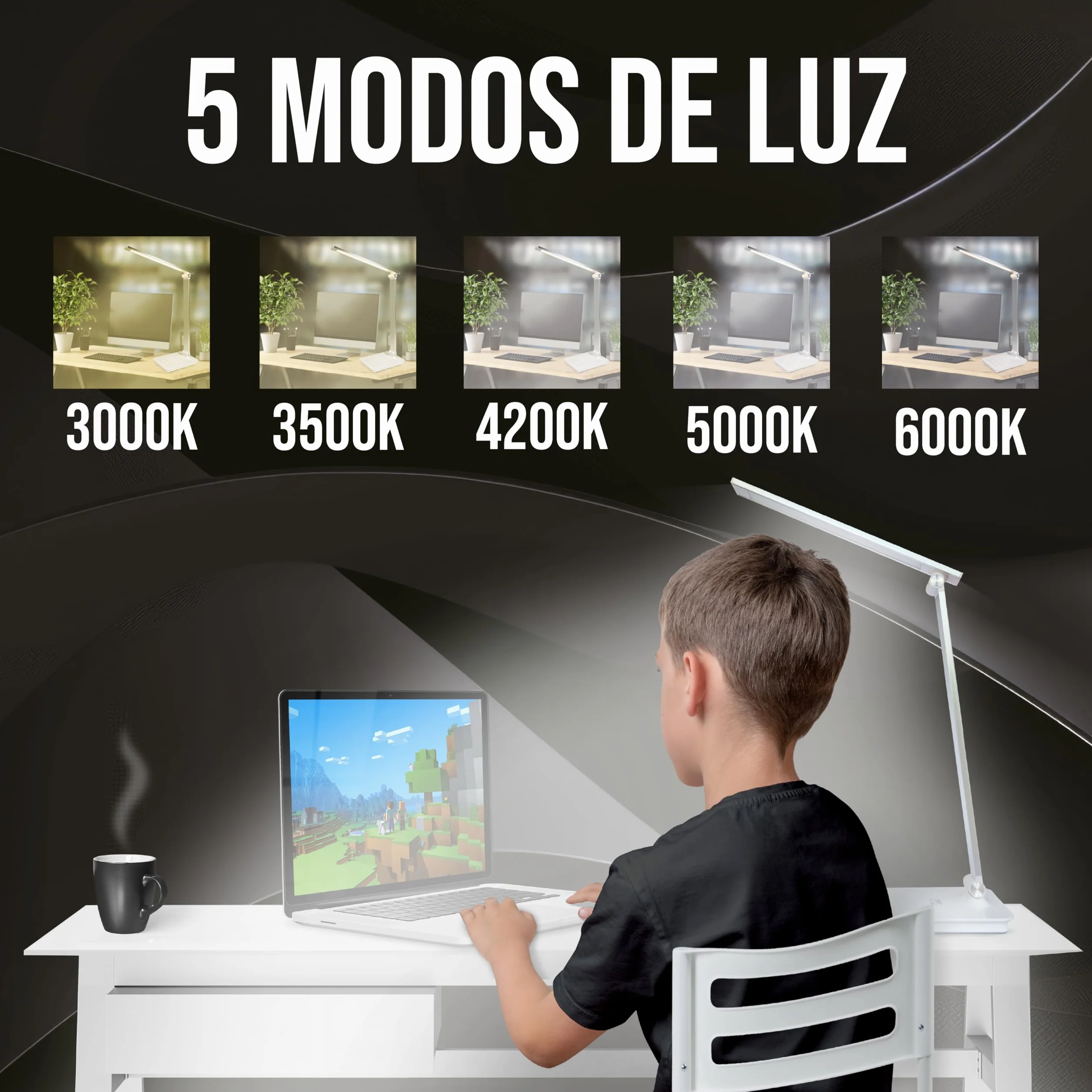 Lámpara LED Escritorio 5 en 1 Flexo con Luz Nocturna Táctil 5 Modos 10 Niveles Brillo USB Plata
