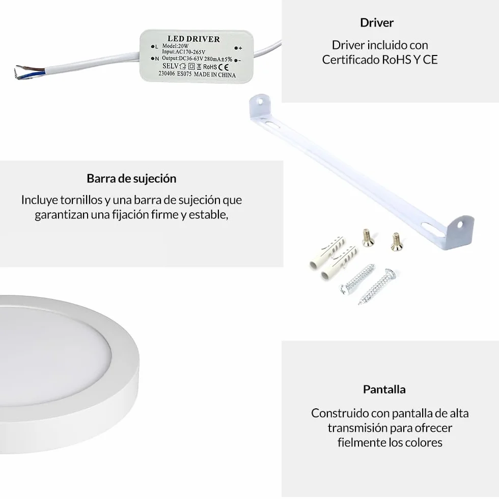Ledme Panel de Superficie Serie Slim 20W 2000lm Luz fría 6000K Lámpara de techo IP20