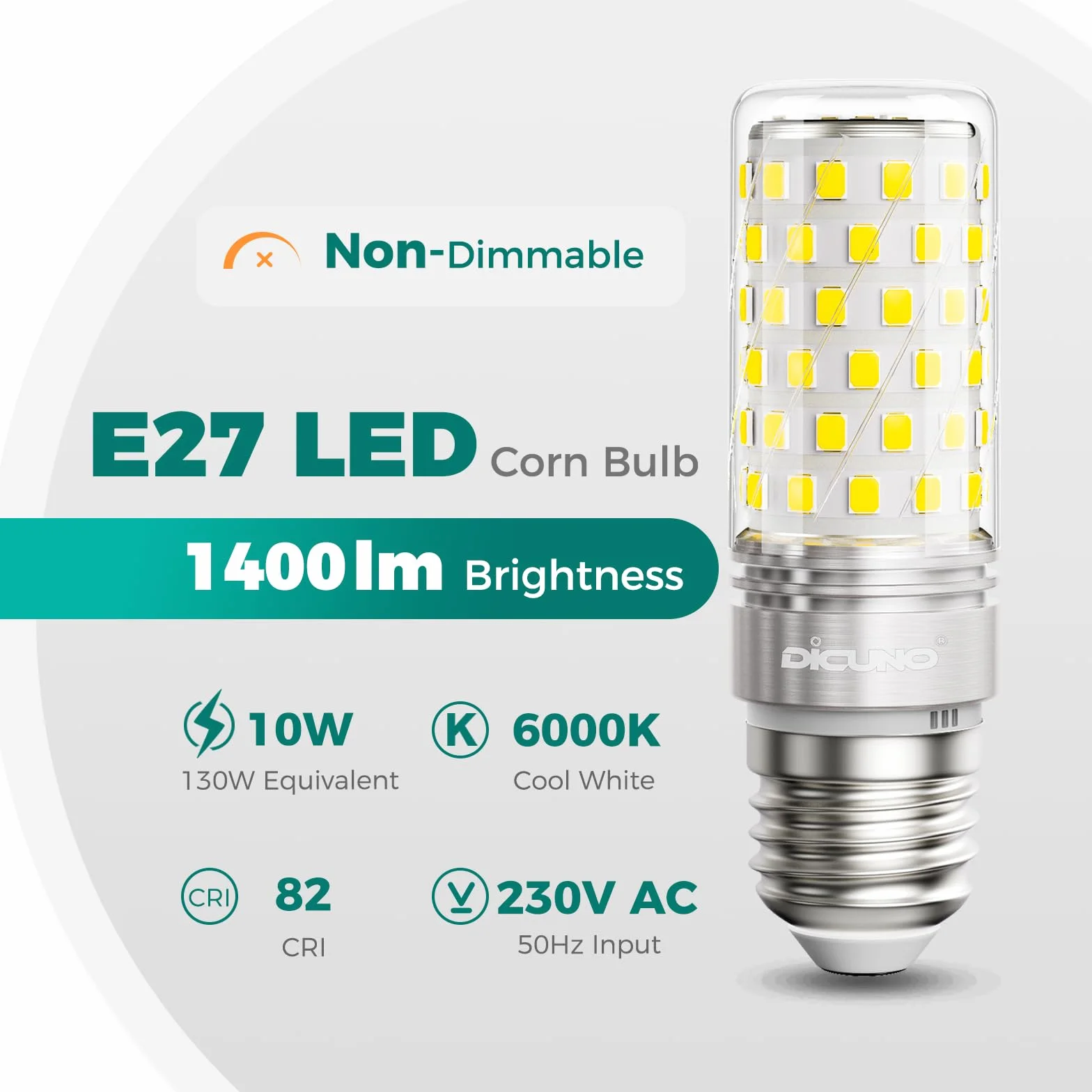 DiCUNO Bombilla LED E27 Maíz 10W 1400lm Luz frío 6000K No regulable 230V Pack de 2