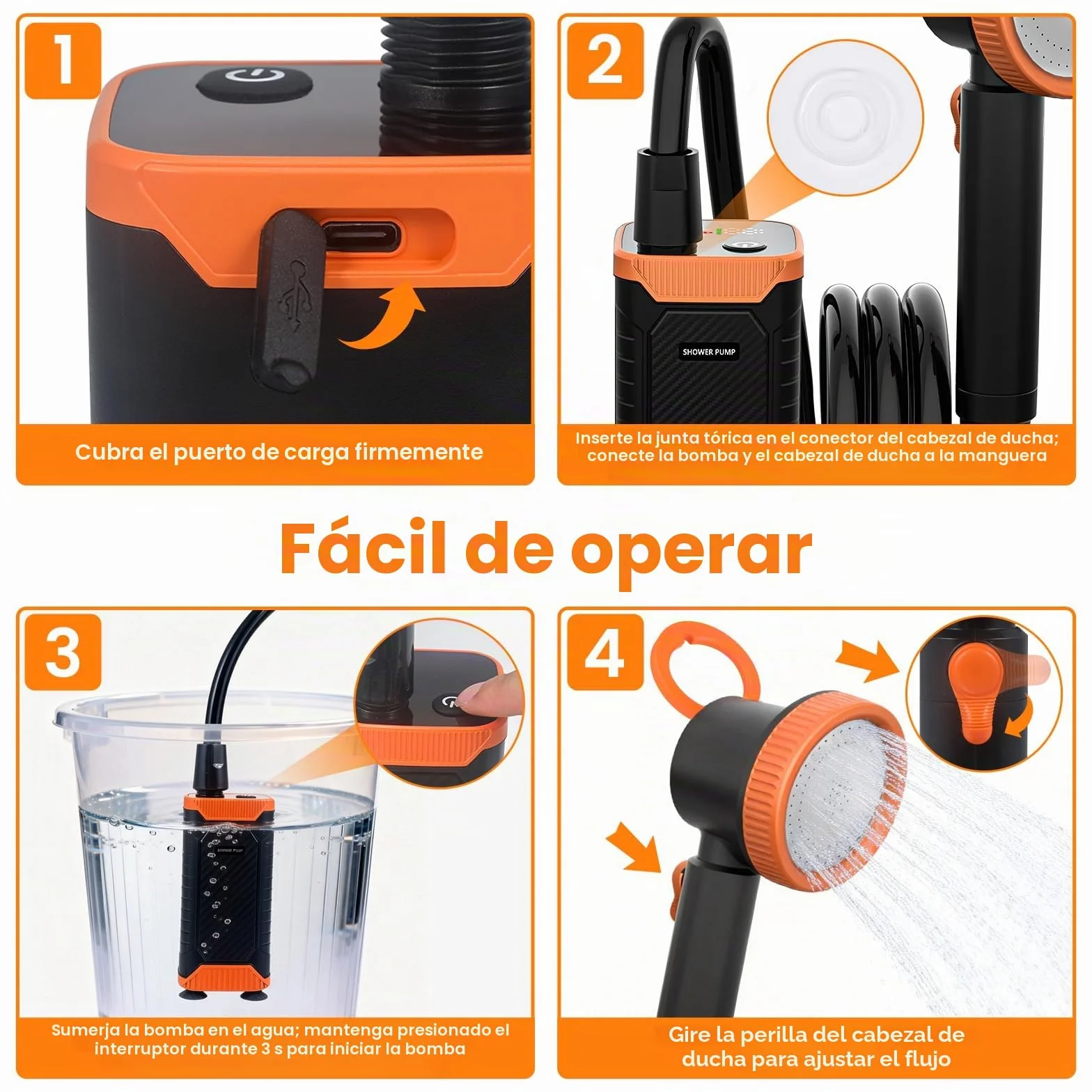 Ducha Portátil de Camping, Bomba Recargable 8000 mAh con Doble Velocidad, IPX8, Pantalla Digital Inteligente - Kit para Exteriores Ideal para Viajes, Lavado de Coches y Baño de Mascotas