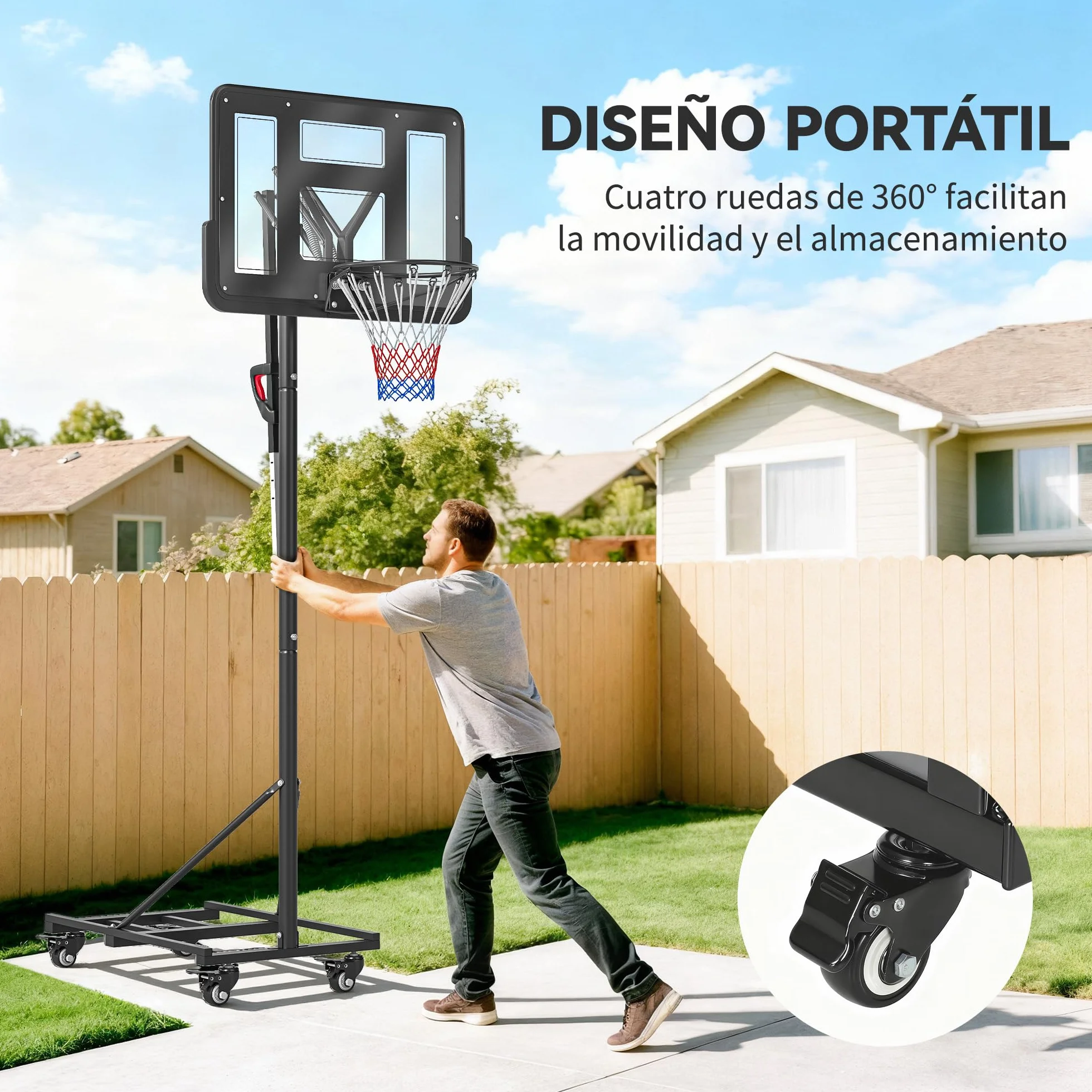 SPORTNOW Canasta de Baloncesto Exterior Altura Ajustable 235-305 cm Portátil Tablero Irrompible 110 cm Ruedas Saco de Peso Negro
