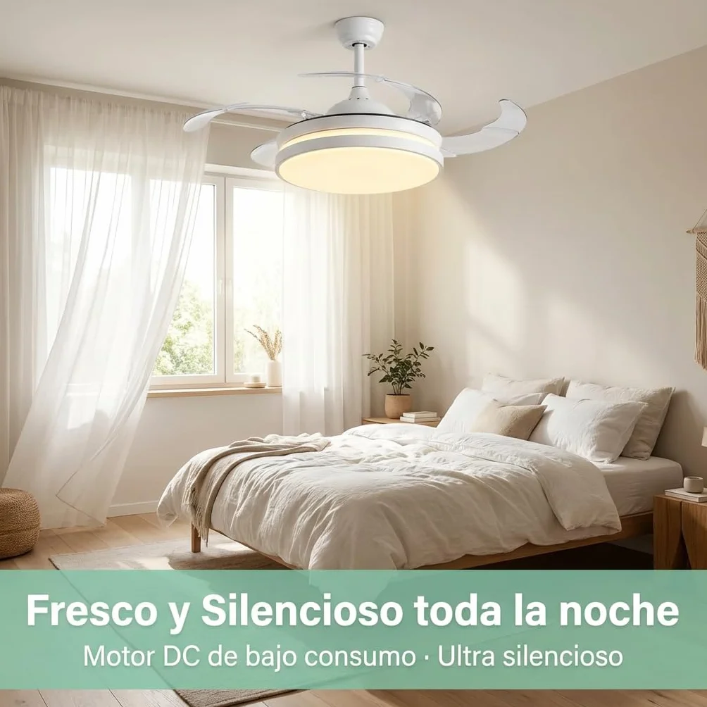 Don Feliz Ventilador de techo con luz LED 4 Aspas Retráctiles, 3 modos de luz, control por mando y app, 55W Motor DC