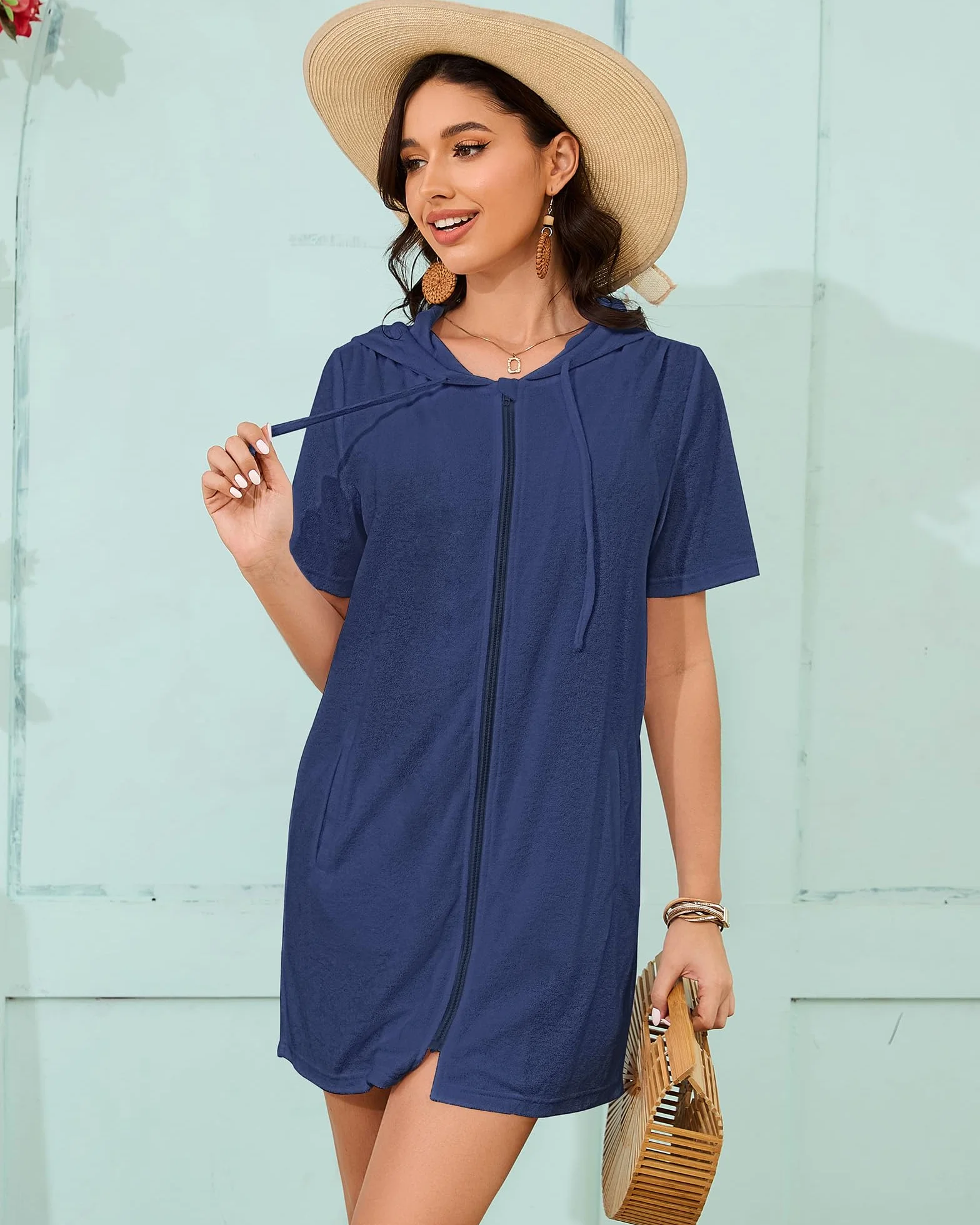 Bsubseach Cubierta de tela de rizo, para mujer, con cremallera, con capucha, para playa, con bolsillos