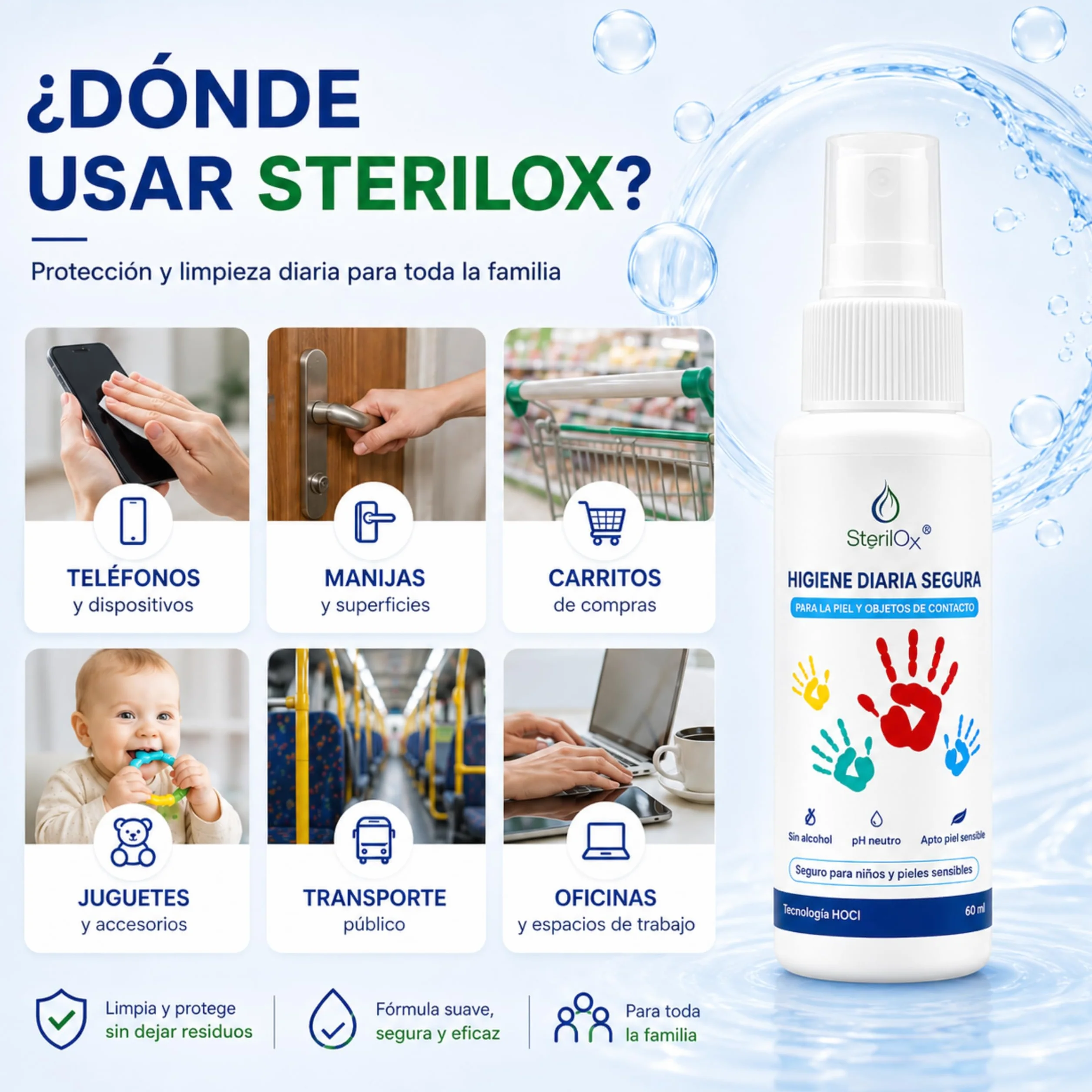 Spray Cosmético Antiseptico 60 ml con Ácido Hipocloroso, Sin Alcohol, Sin Perfume, Seguro para Niños y Mascotas