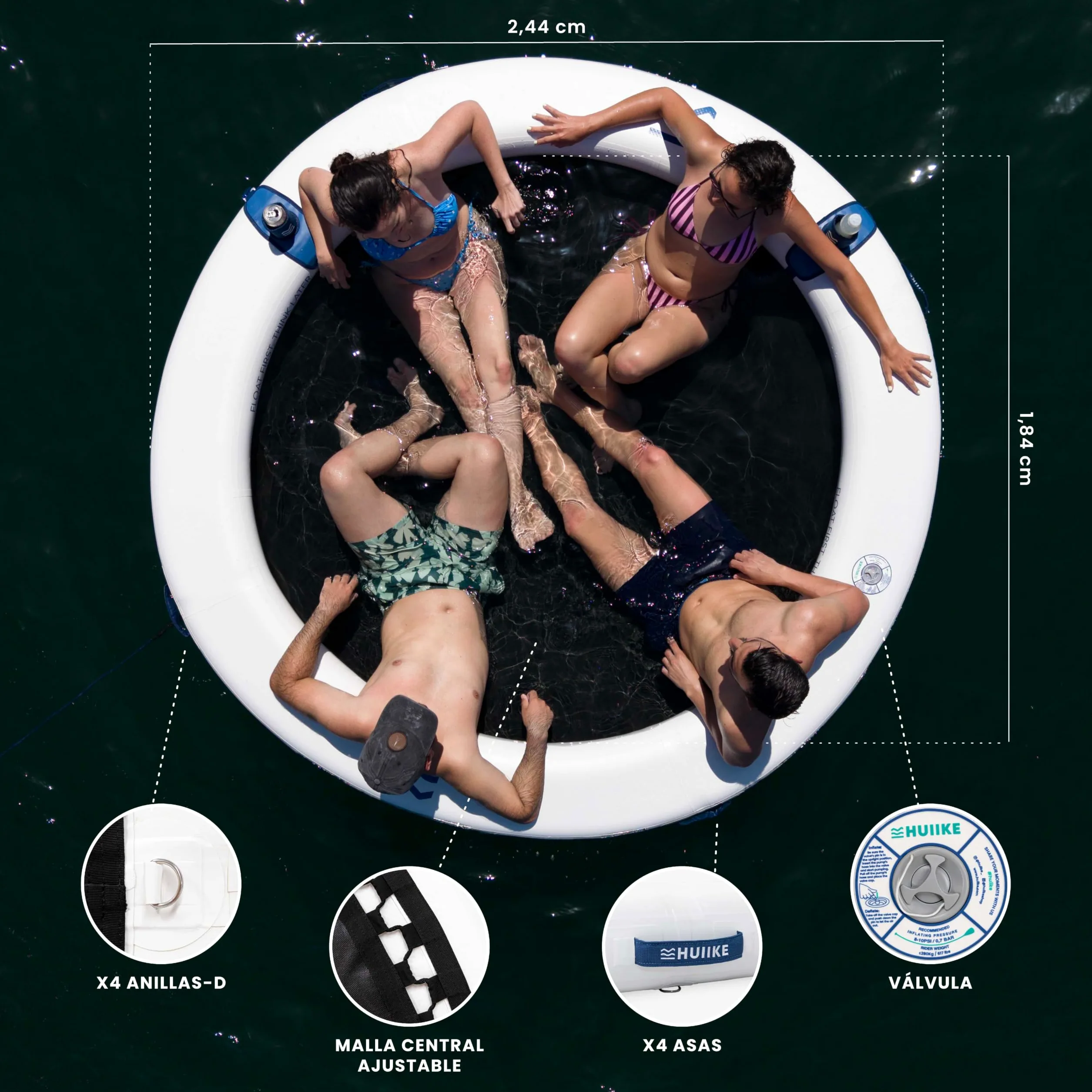 HUIIKE Anillo Hinchable 4 o 6 Personas, 280 o 500 kg, con Accesorios | Loop de 2,44 m o 3,05 m para Adultos y Niños. Plataforma Flotante con Inflador, Ancla de Arena, 2 Soportes Bebida y Mochila