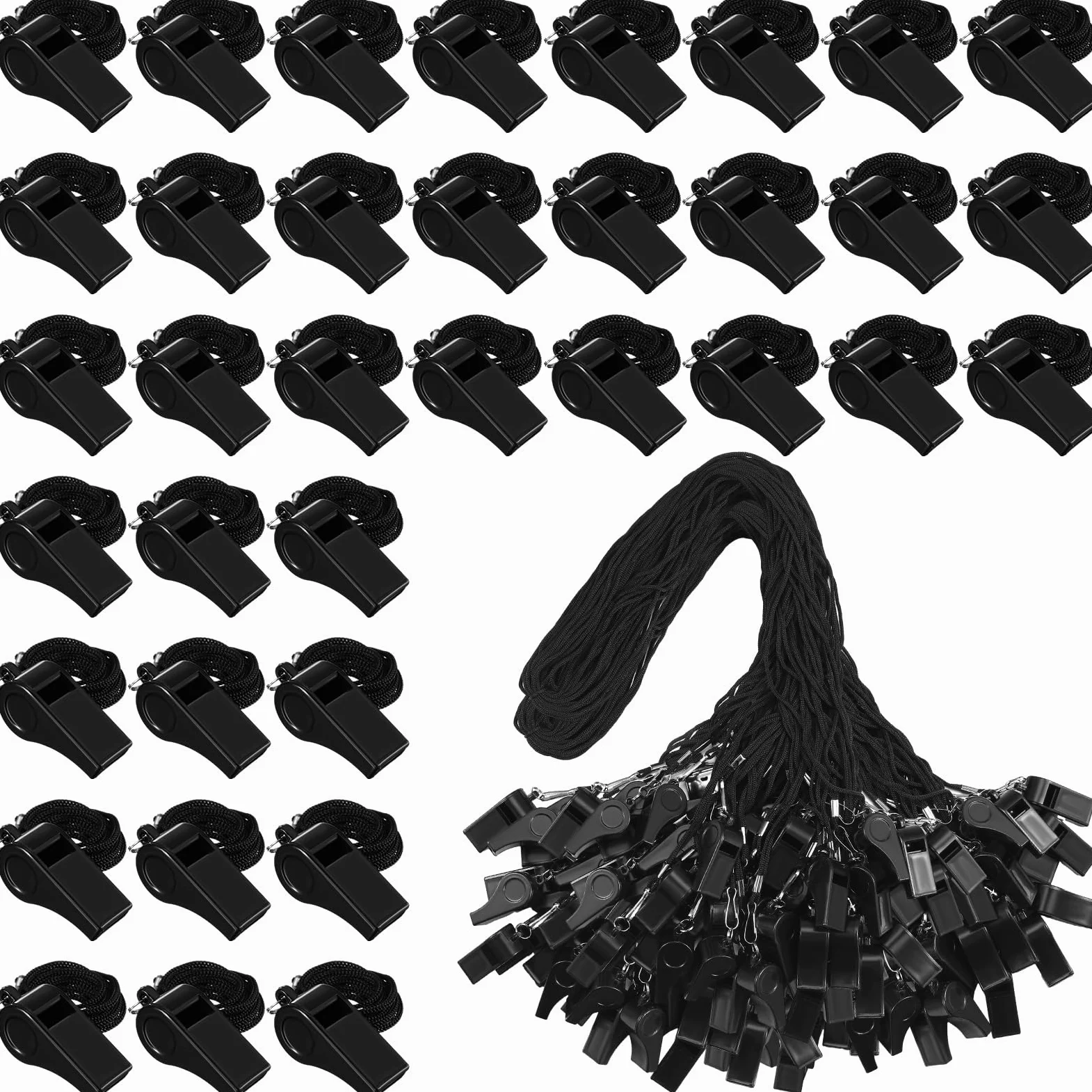 Xuhal Paquete de 200 silbatos de plástico con cordón a granel, silbatos negros para entrenadores, árbitros, silbatos de sonido fuerte y nítido para estudiantes, entrenamiento, emergencia, deportes