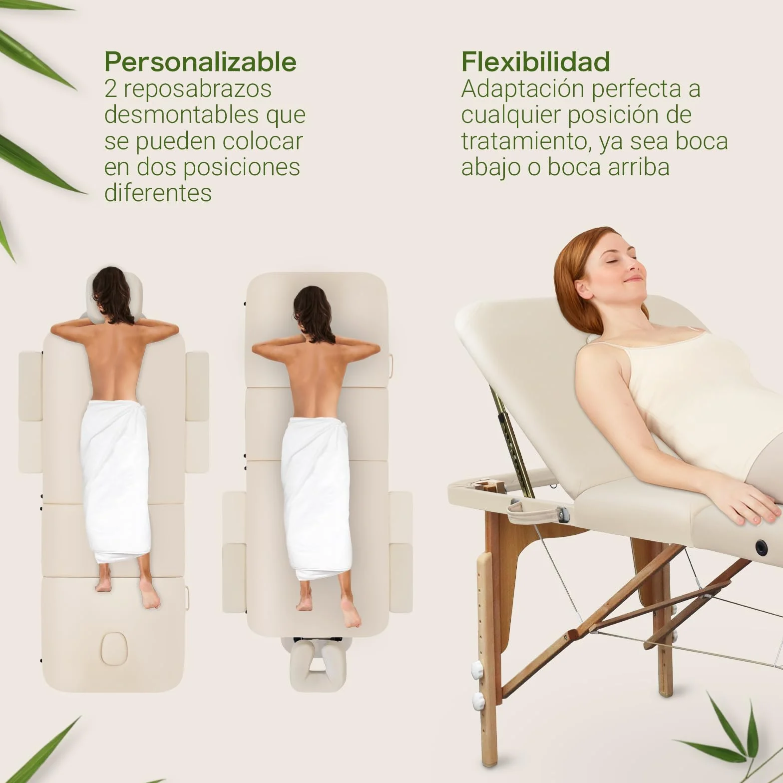 MASSUNDA Tumbona de Masaje Plegable Madera Maciza Altura Regulable Mesa Cosmética Móvil Funda Rizo Reposabrazos Respaldo Cojín Cervical