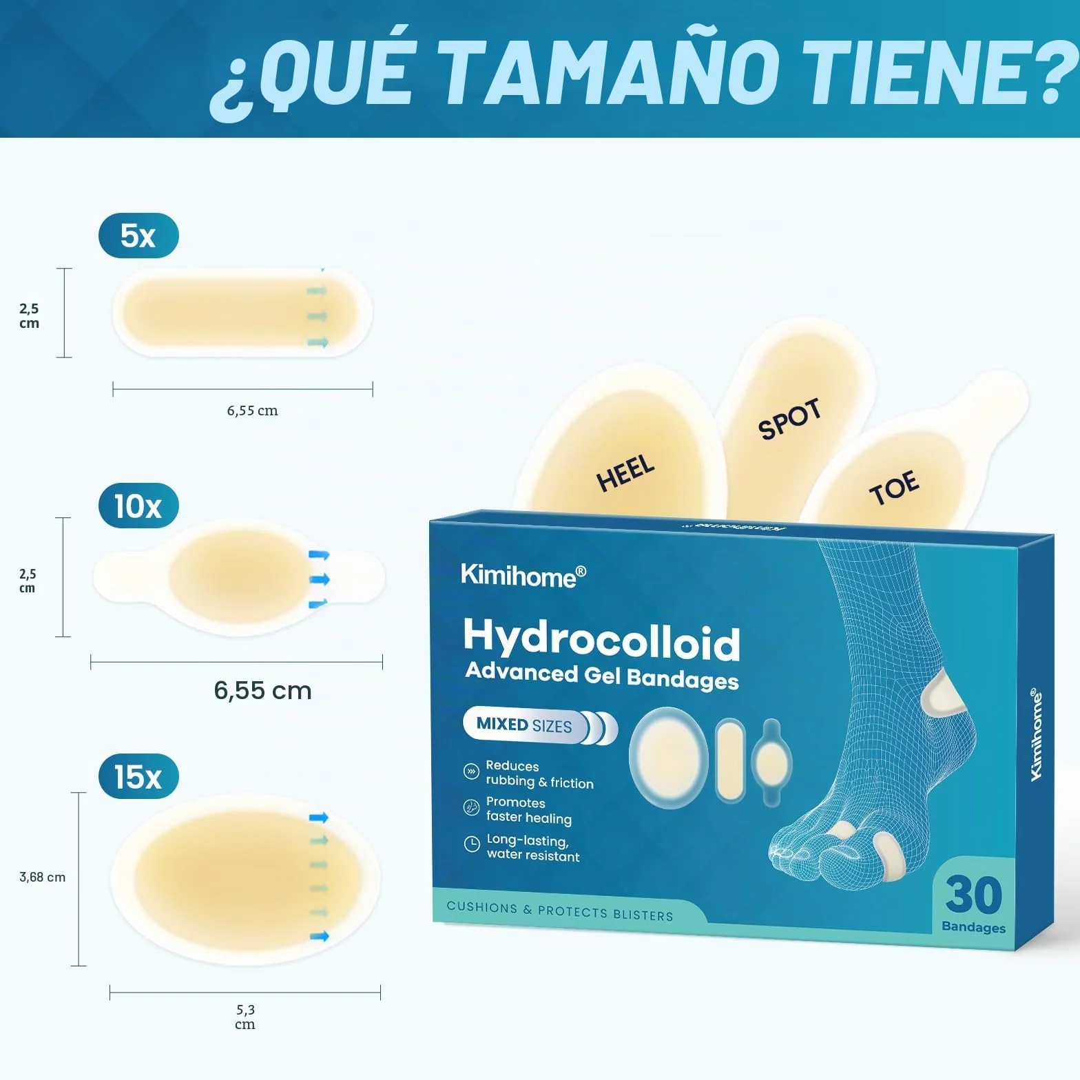 Kimihome Vendas hidrocoloides para pies – 30 unidades – Cojines de ampollas para talón, dedos