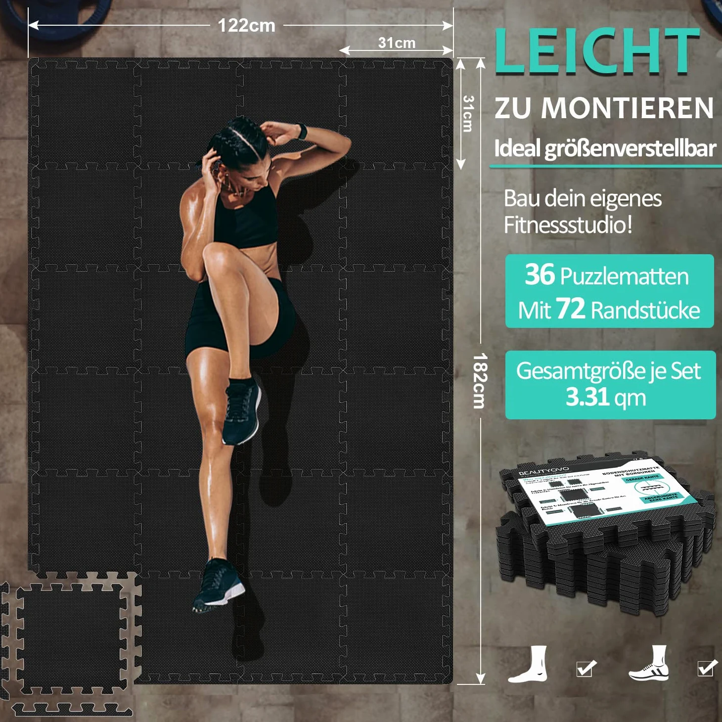 Esterilla Fitness Puzzle para Suelo de Gimnasio [31x31cm], 24/36/48 EVA Esterilla Protectora de Suelo, Antideslizante, para Aparatos de Gimnasia y Fitness