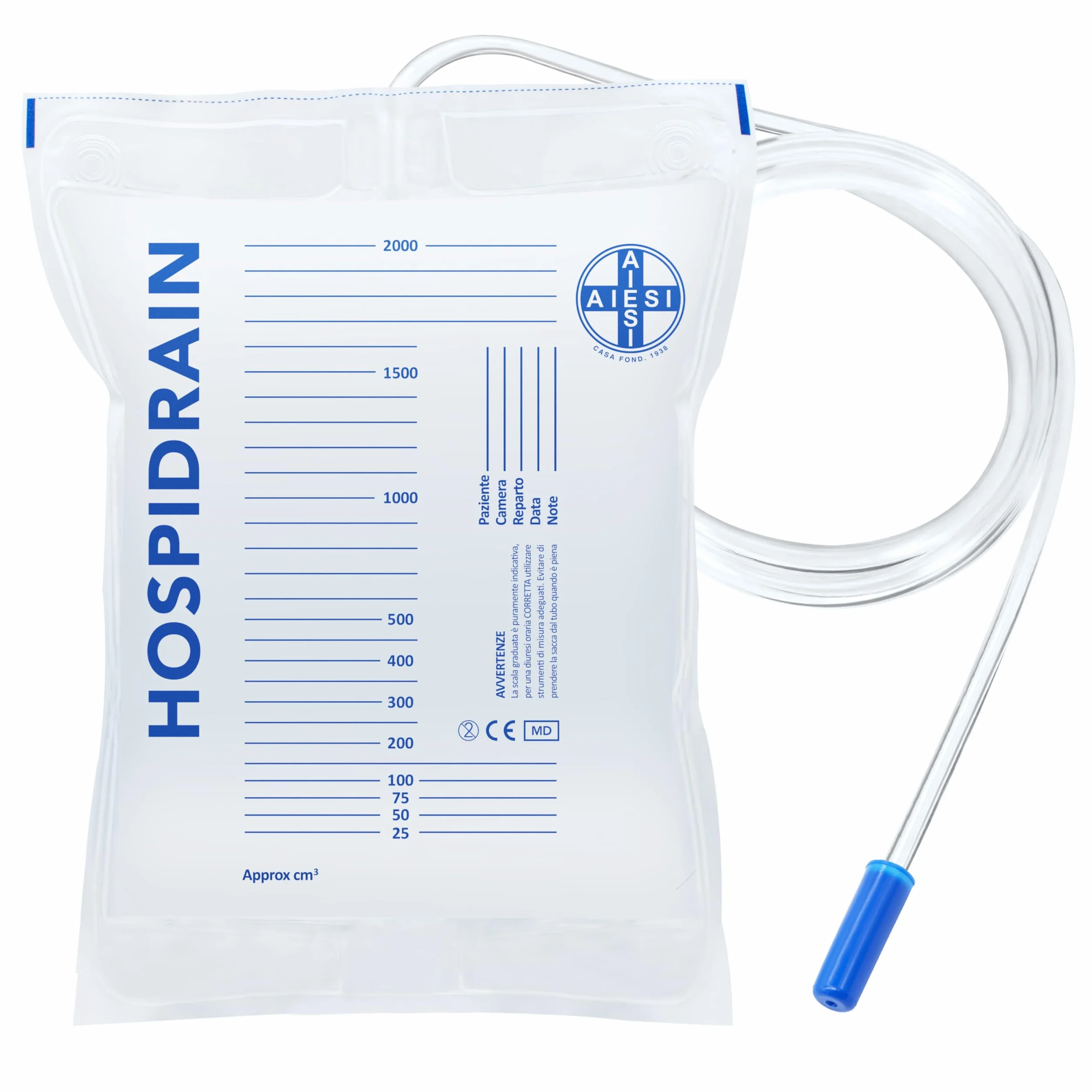 Bolsas de orina de 2 litros tubo 90 cm sin grifo de descarga HOSPIDRAIN Paquete de 25