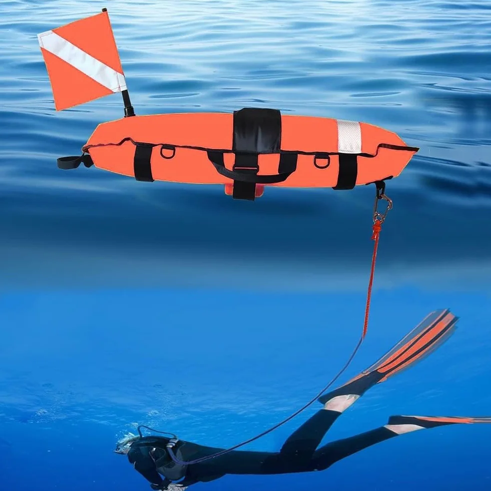 Boya flotante de pesca submarina con bandera de buceo y cuerda de 25 m para esnórquel de buceo, 83 x 25 x 25 cm, boya inflable de nailon 210D, amarillo, rojo o rosa (rojo)