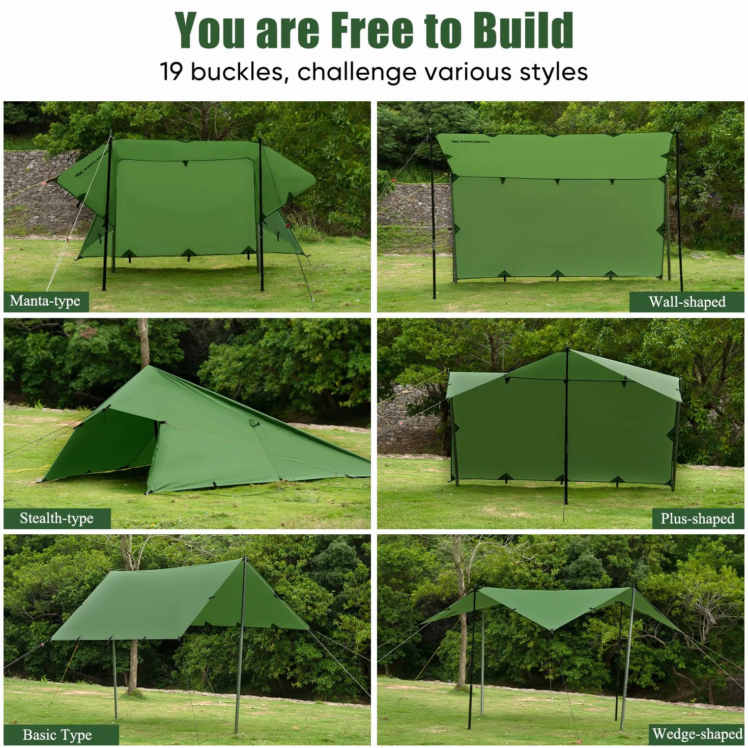 Lona impermeable 3 x 3, lona ultraligera, lona de camping con 19 ojales, pasadores de aluminio, cuerdas de nailon, clips para tiendas de campaña, anti UV, nieve y lluvia, para camping