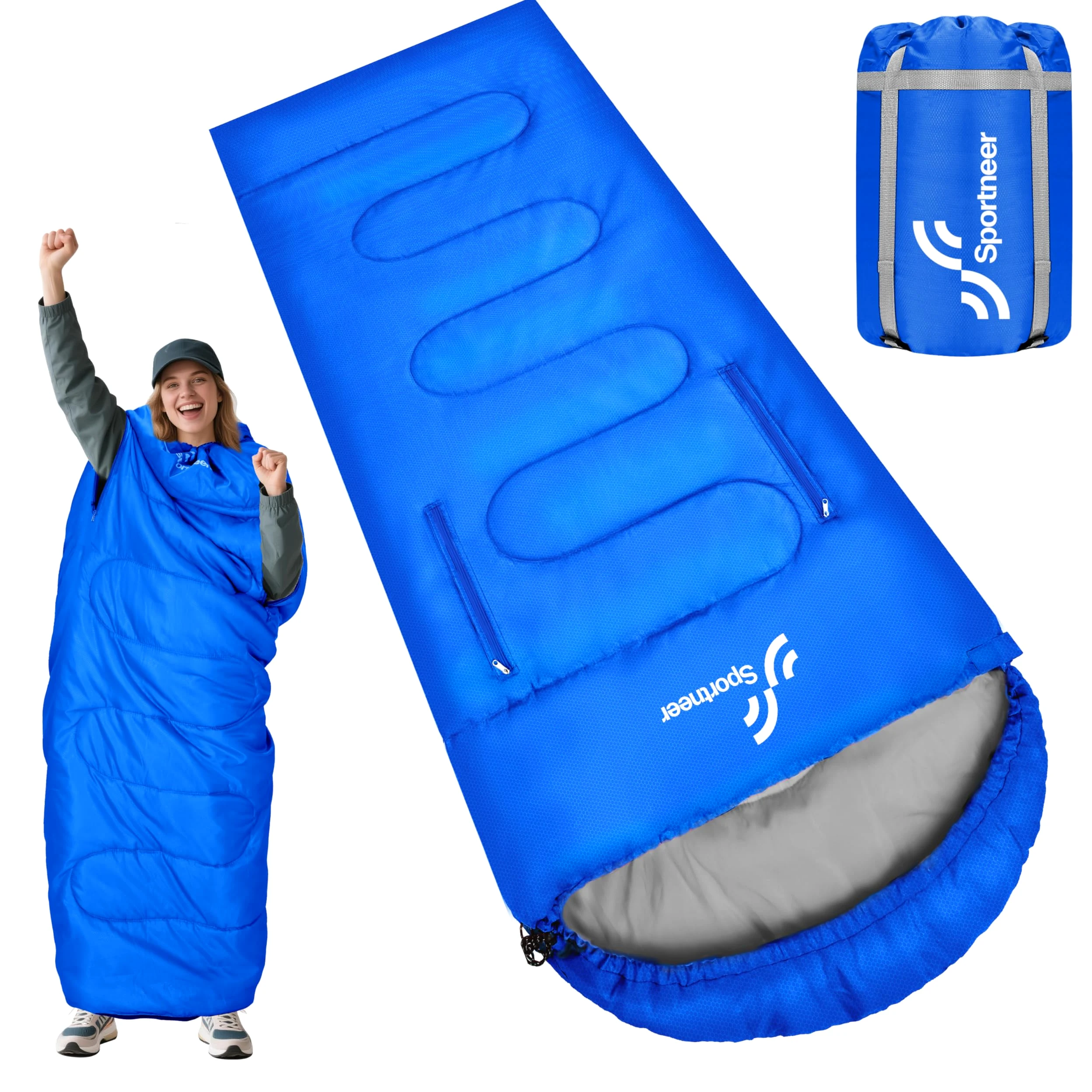 Sportneer Saco de Dormir portátil Adecuado para Las 4 Estaciones con Orificios con Cremallera para Brazos y pies Saco de Dormir Individual para Adultos para Senderismo y Viajes, 20 Grados, Azul
