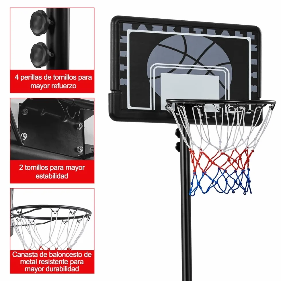Yaheetech Cesta de Baloncesto Exteriores Portátil Ajustable Altura 219-249/234-264 cm con Pie Ruedas Base Lastre Panel Trasero Resistente Negro