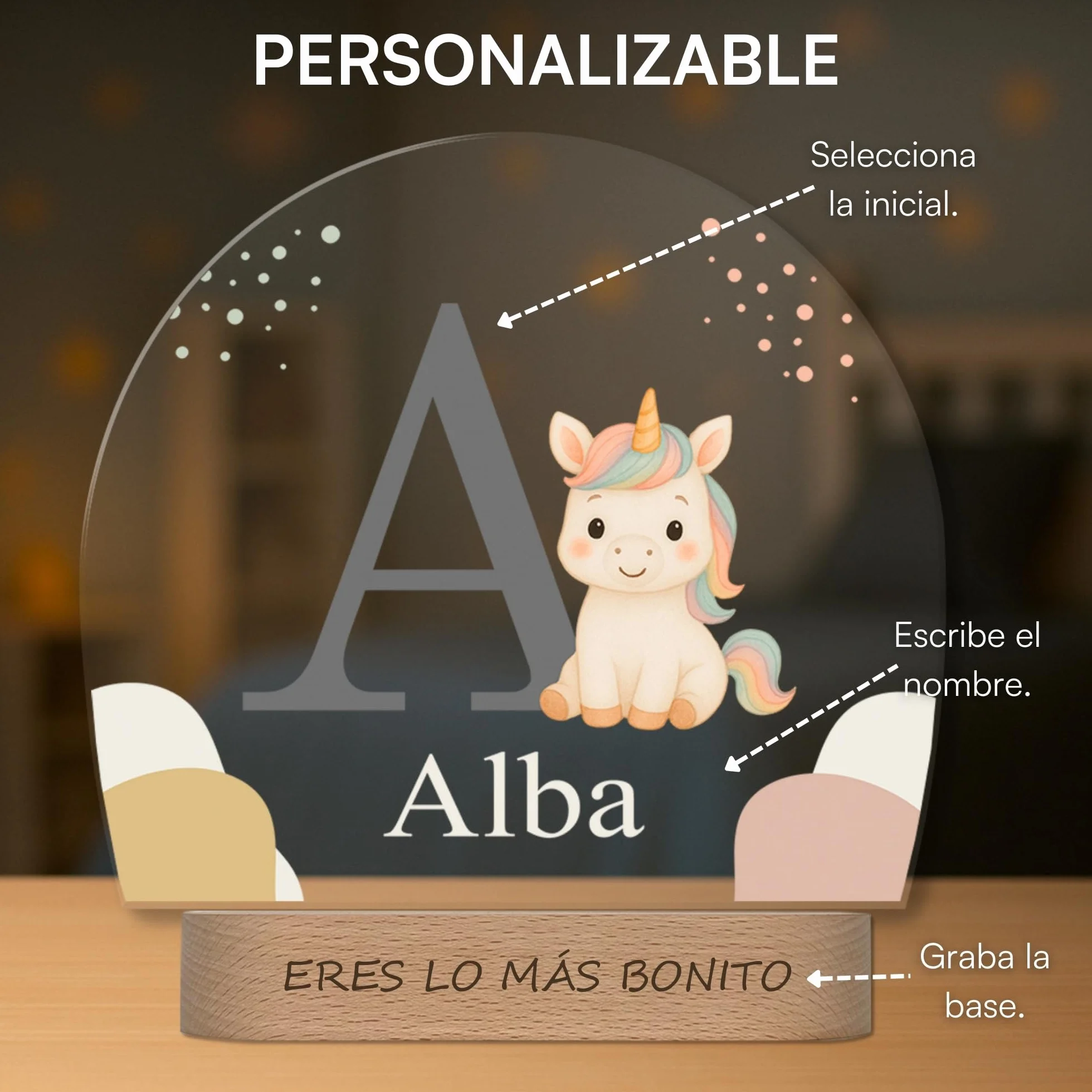 Lámpara Infantil Personalizada con Nombre e Inicial LED Quitamiedos Unicornio Regalo Original Bebé Bautizo Cumpleaños