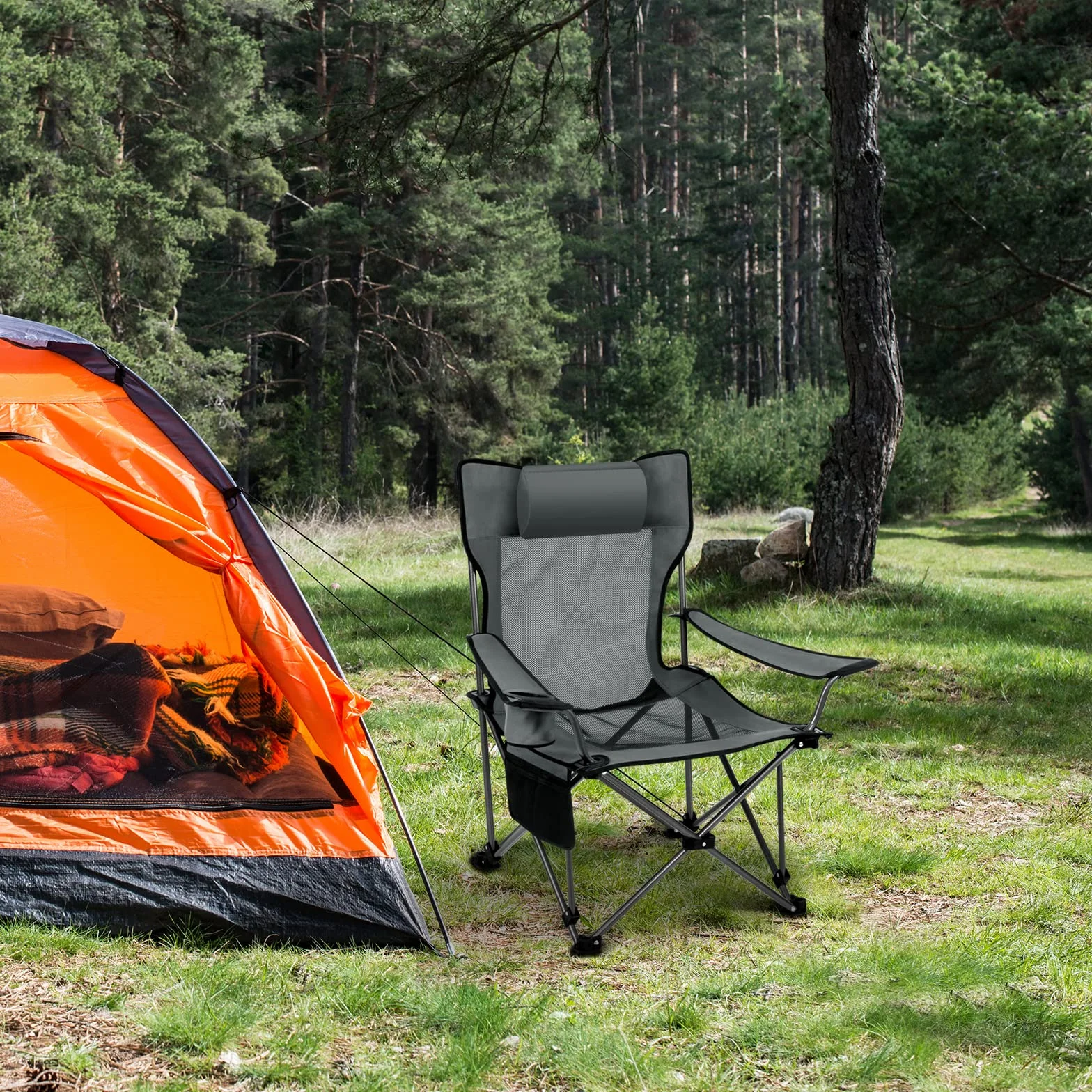 eSituro Silla de Camping Plegable Portátil con Respaldo Ajustable y Reposabrazos, para Pesca, Senderismo y Acampada (2, Gris)