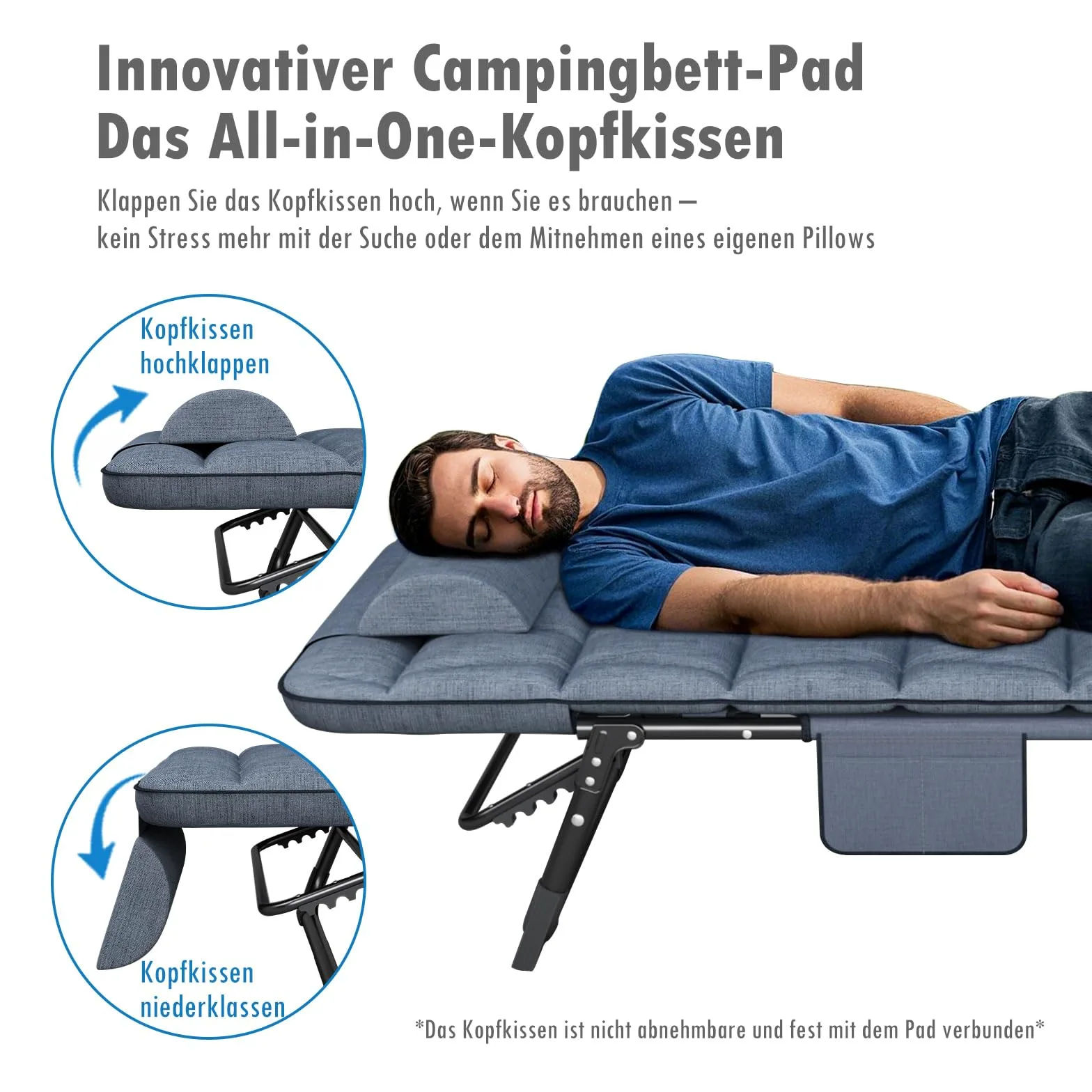 ATORPOK SHOP Tumbona plegable con respaldo ajustable en 5 posiciones, combinación de cama de camping portátil versátil para jardín, piscina, patio, colchón acolchado y cojín – Azul
