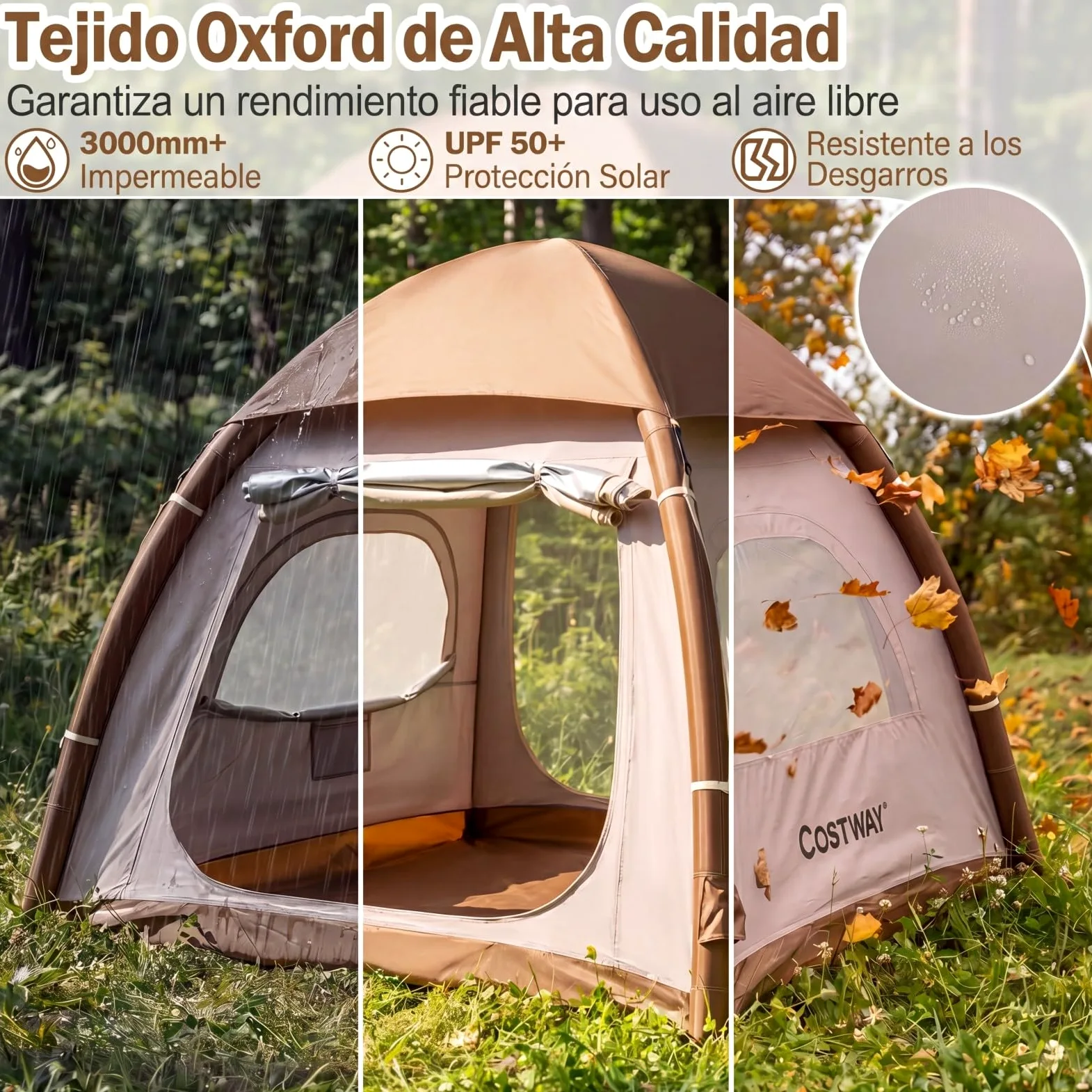 COSTWAY Tienda de Campaña para 2-4 Persona, Tienda de Campaña Hinchable con Bomba de Aire, Puertas y Ventanas de Malla, Estacas y Cuerdas de Sujeción, Bolsa de Transporte, 208 x 208 x 196 cm