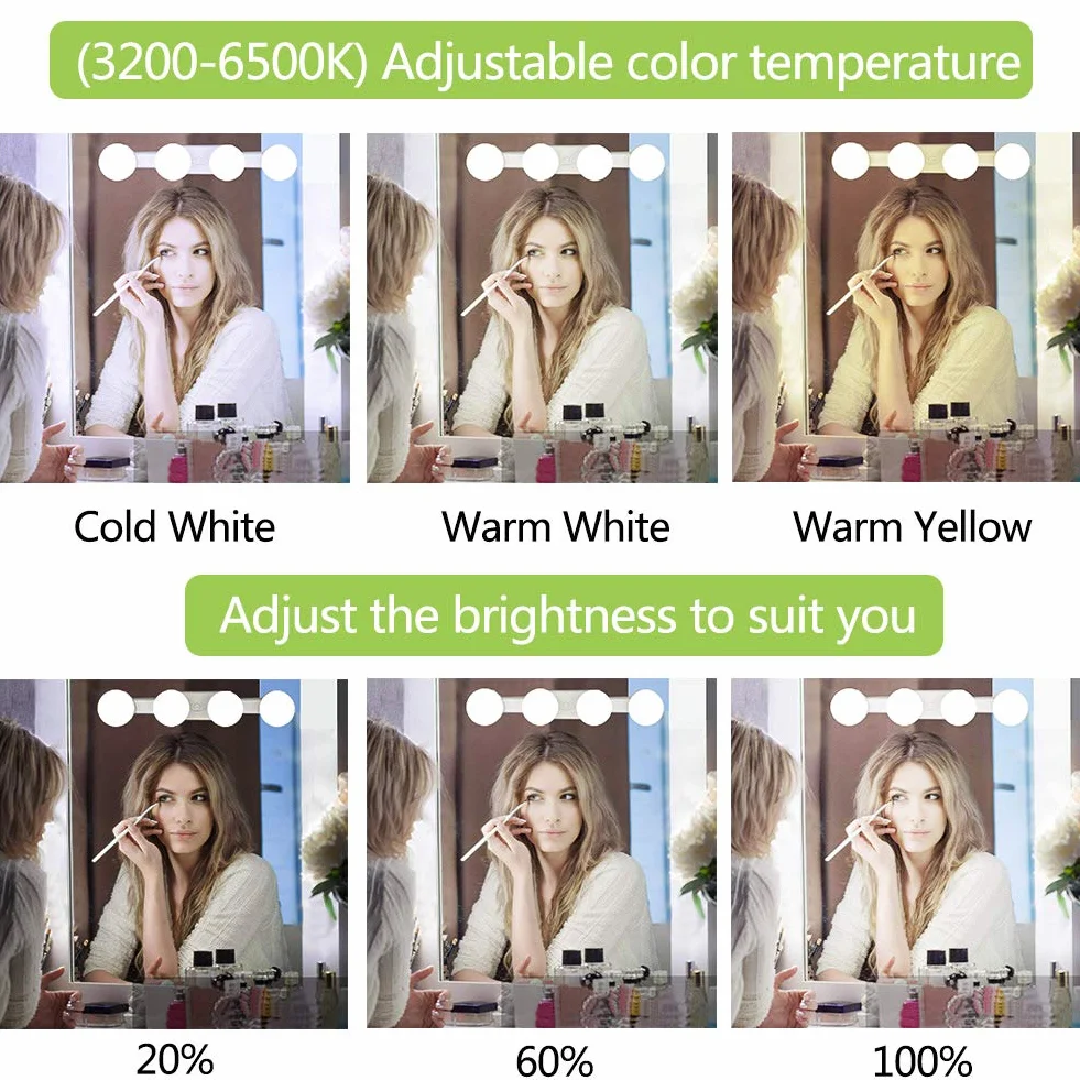Luces para Espejo de Maquillaje LED Tocador Recargable, 4 Bombillas Regulables Temperatura de Color