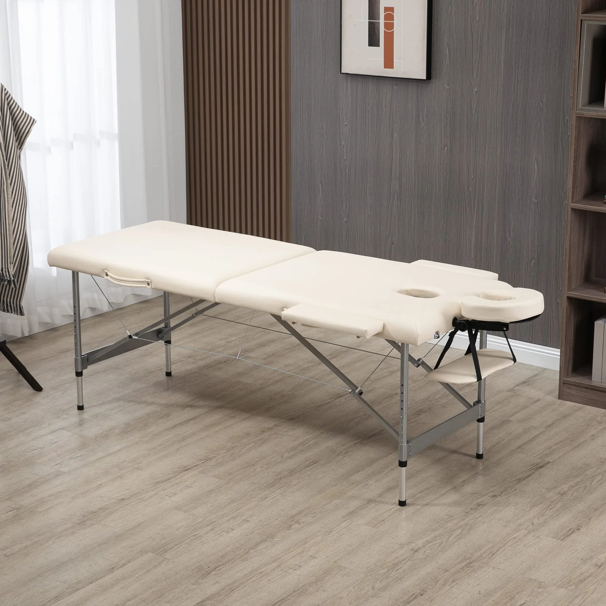 HOMCOM Camilla de Masaje Plegable Portátil con Altura Ajustable 7 Posiciones Marco Aluminio 130 kg 186x71x62-83 cm Beige